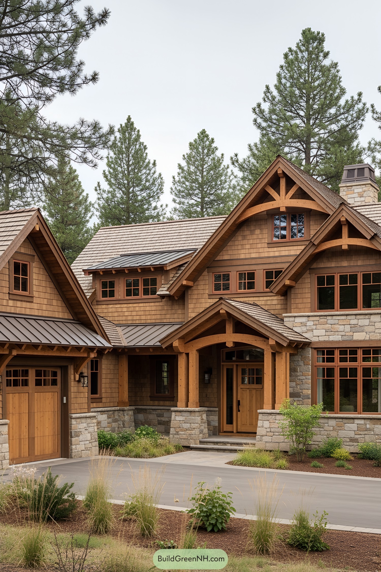 Rustic craftsman house with stone and wood facade surrounded by trees