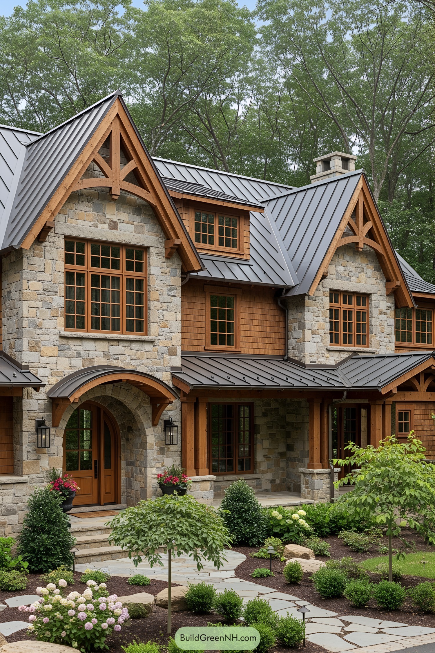 Elegant stone and wood house with lush landscaping
