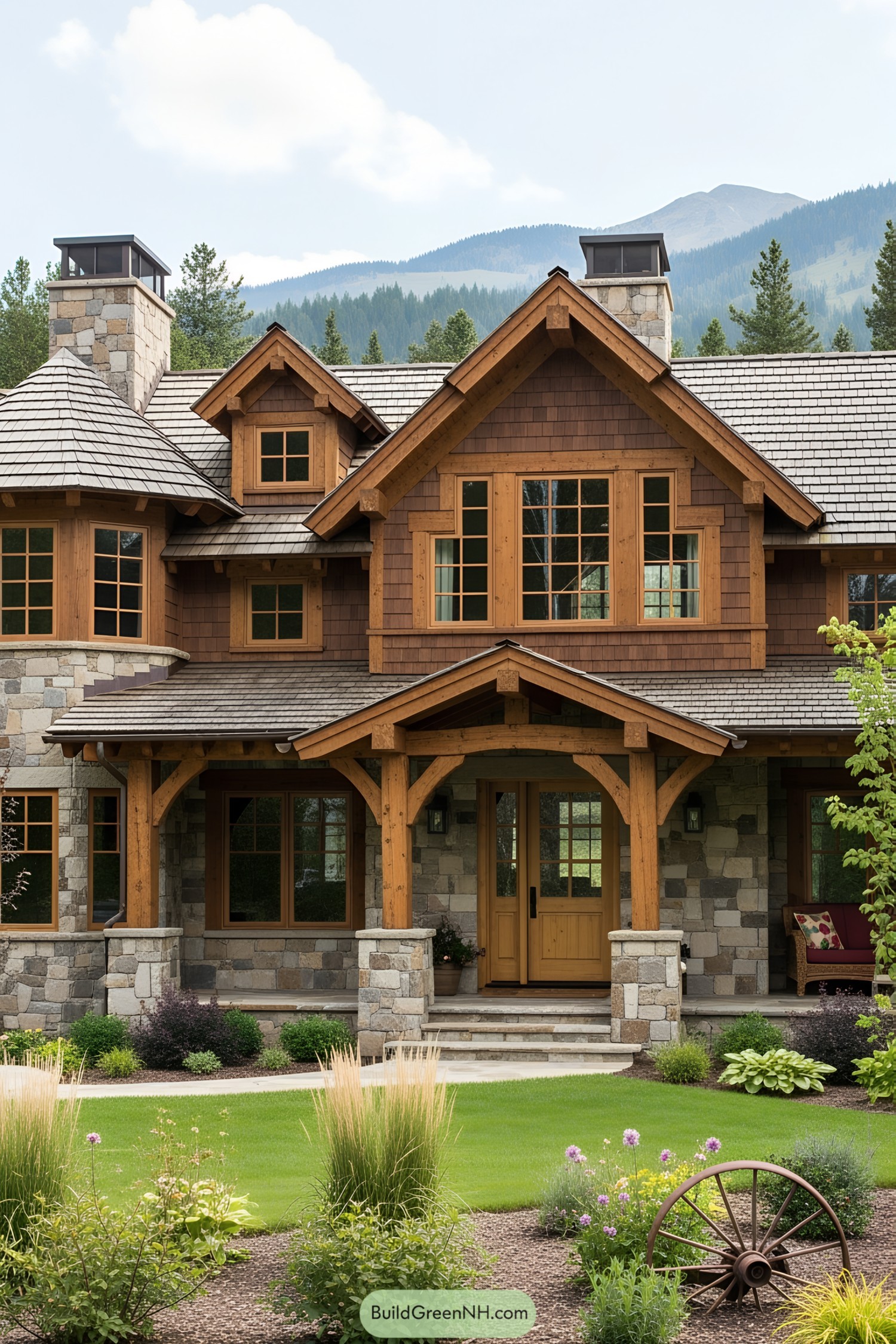 Exterior of a craftsman house with timber beams and stonework