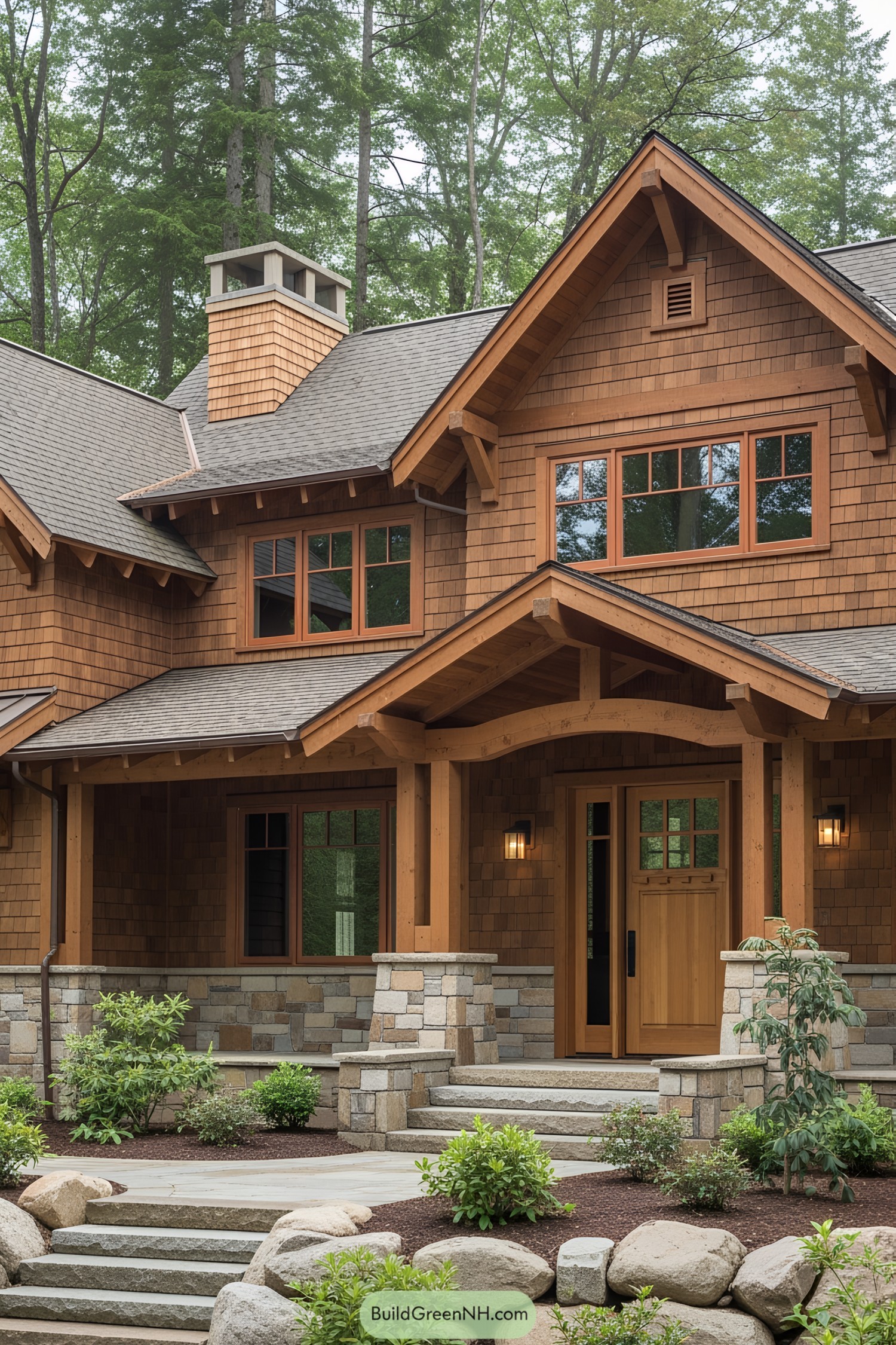 Rustic craftsman house with wood and stone façade