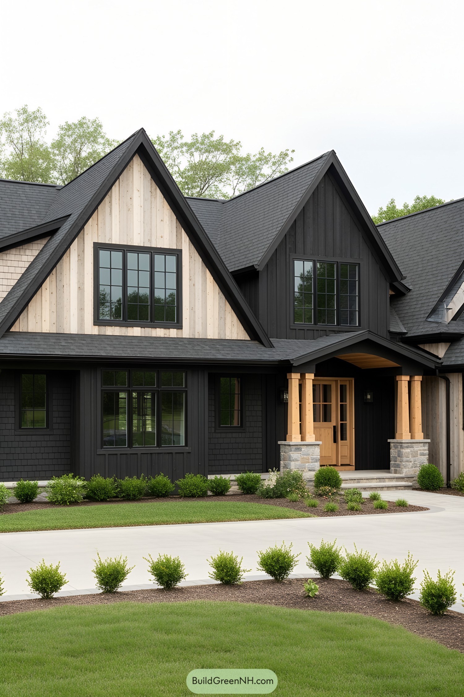 Elegant craftsman-style house with natural wood and black-painted elements