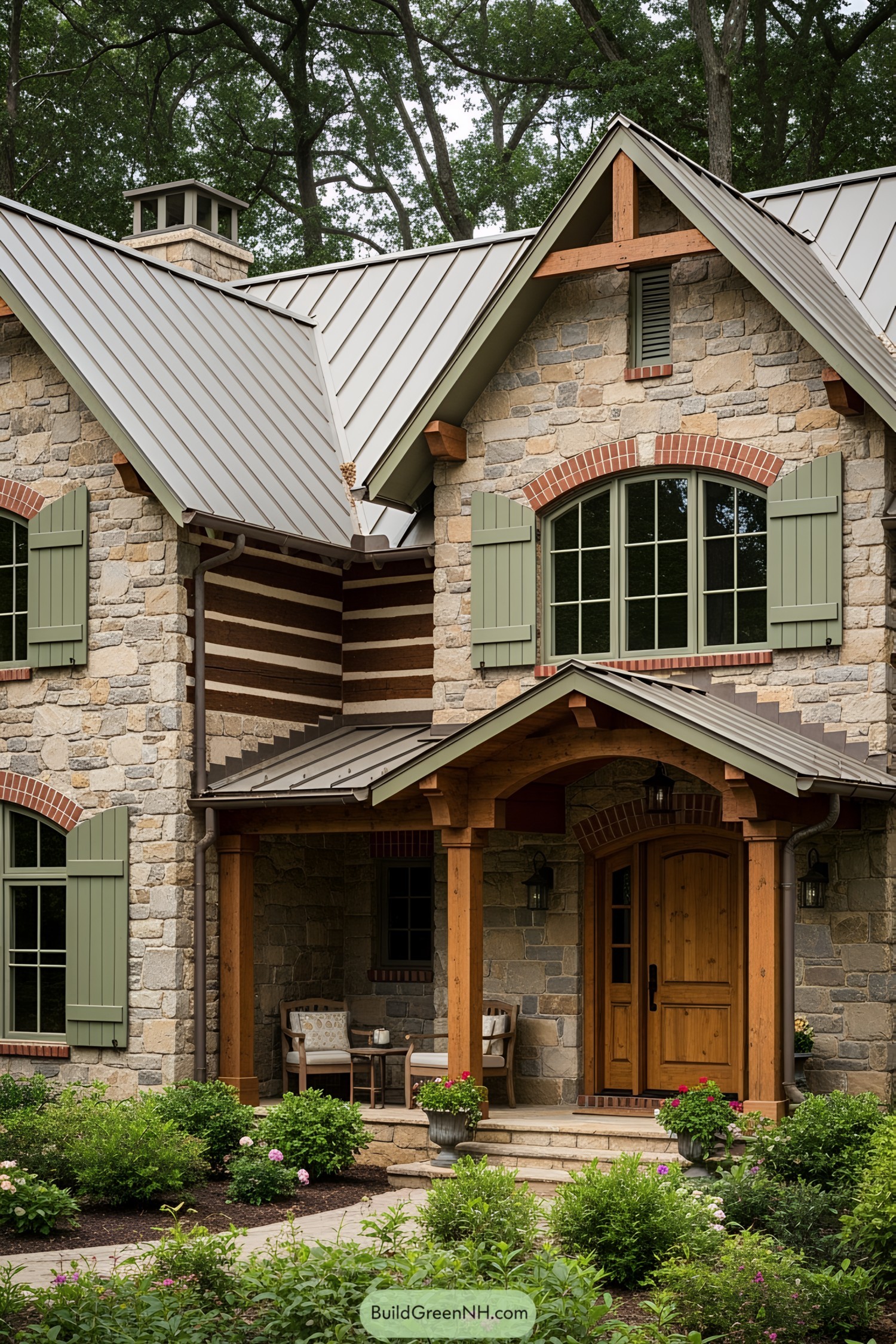 Rustic stone house with green shutters and inviting porch