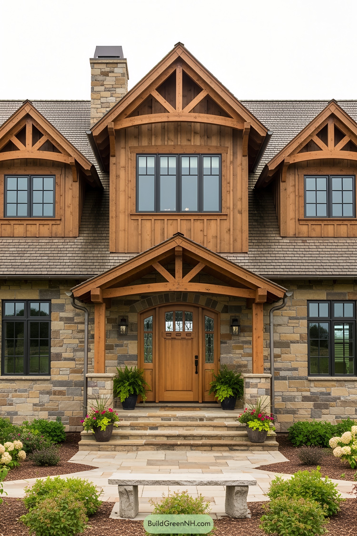 A charming craftsman house with wooden features and stone details