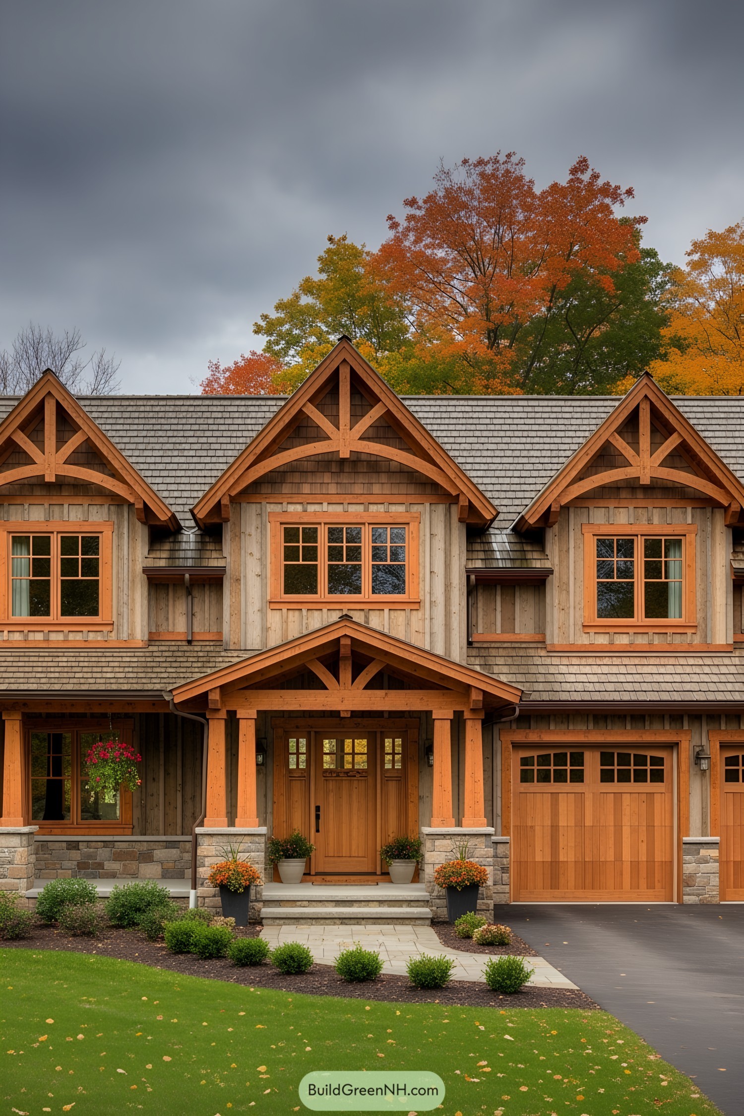 Rustic craftsman house with timber accents and stone details