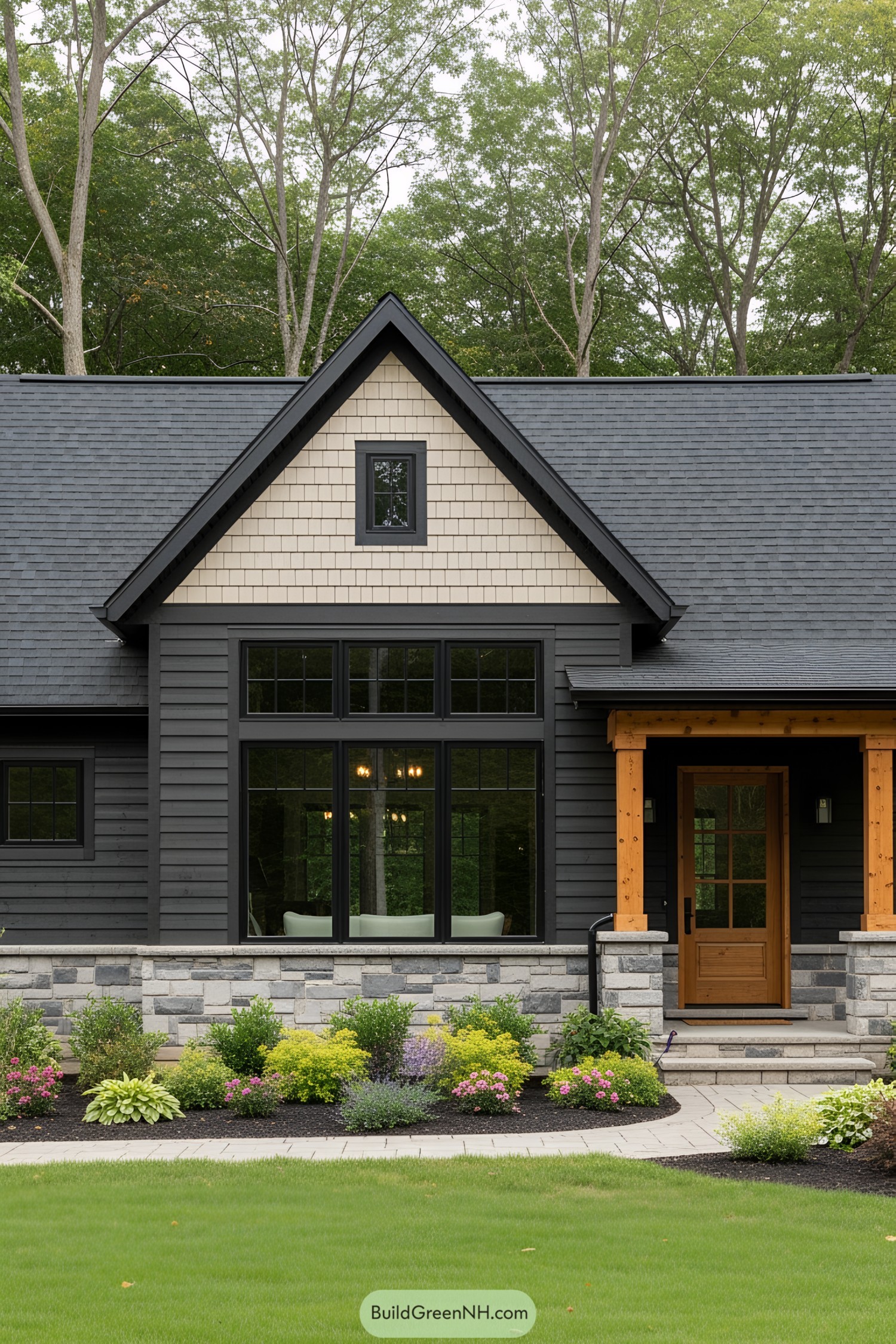 Charming craftsman house with dark siding and lush landscaping