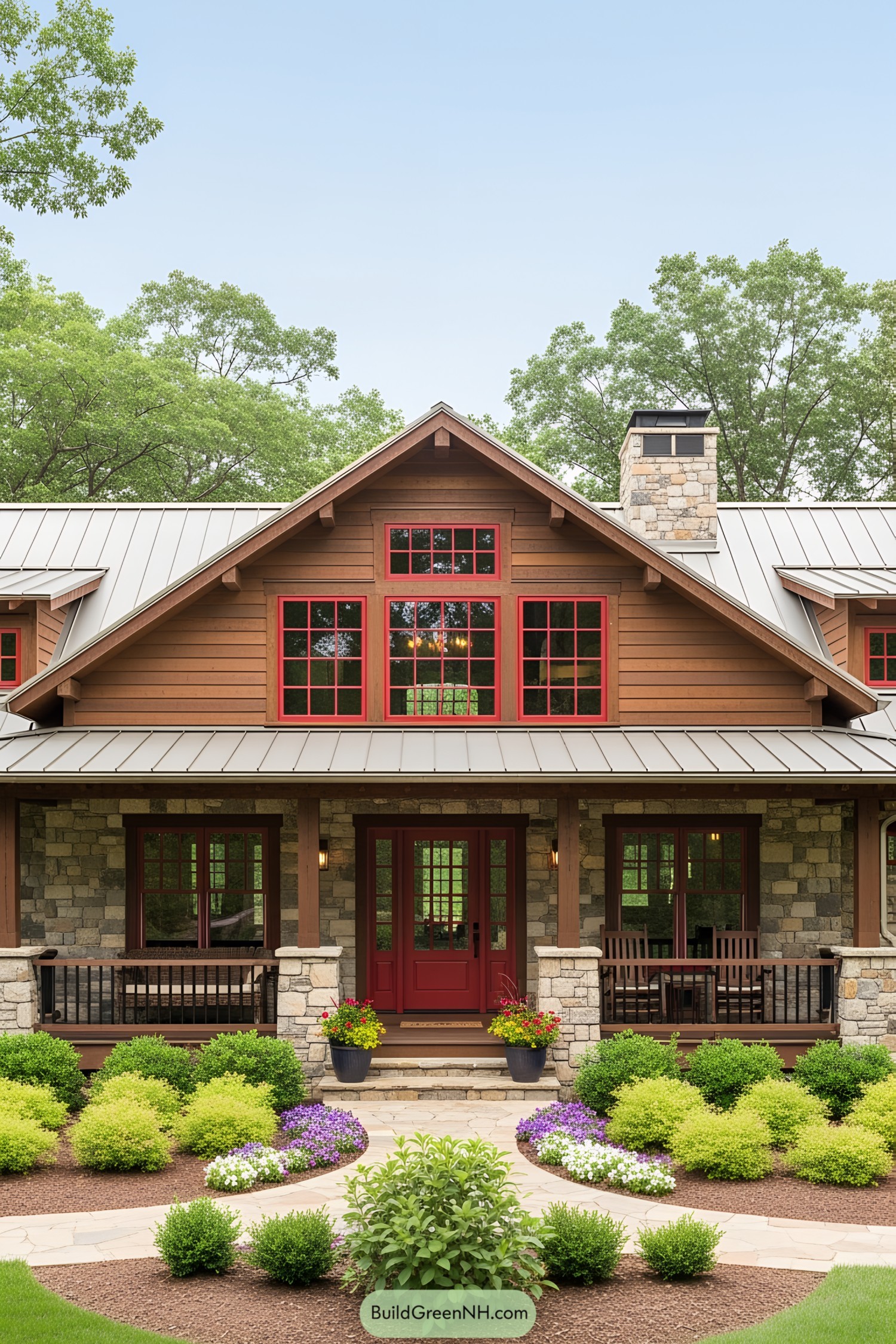 Craftsman-style house with red accents and lush greenery
