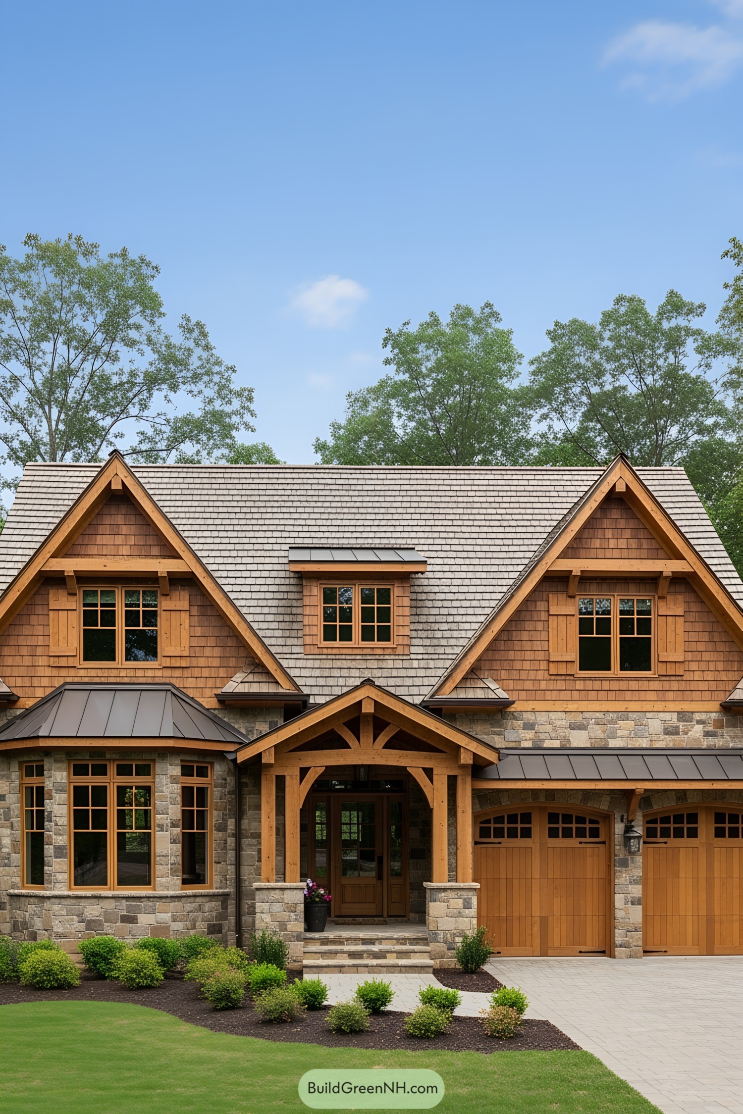 Charming craftsman-style house with a wooden facade and stone accents