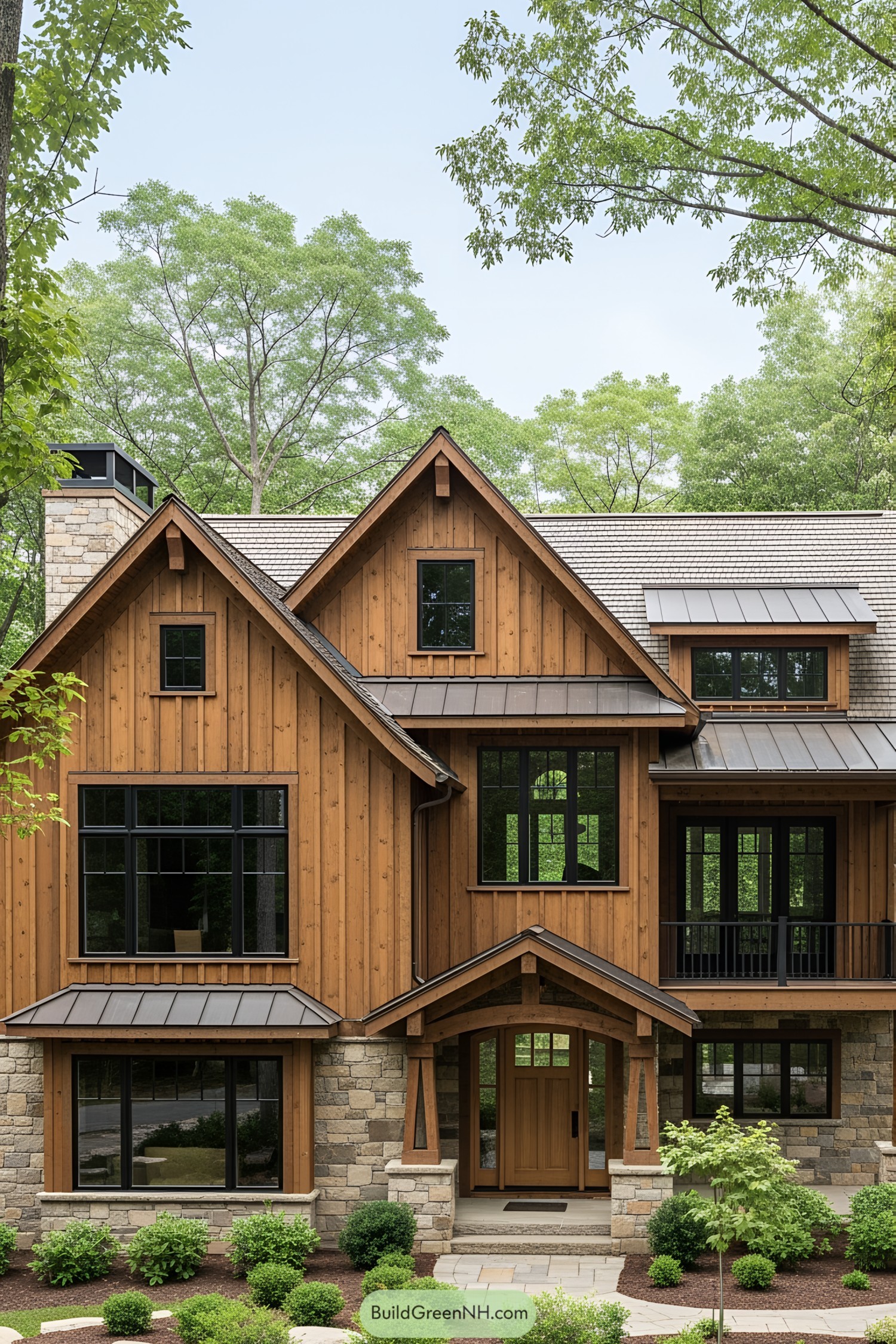 Rustic craftsman house with wooden and stone elements in a lush setting