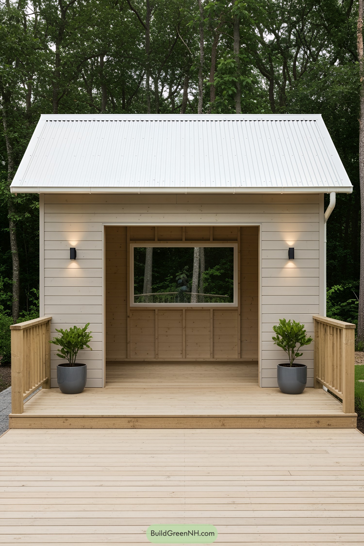 Compact wooden pool house with a metal roof and two potted plants