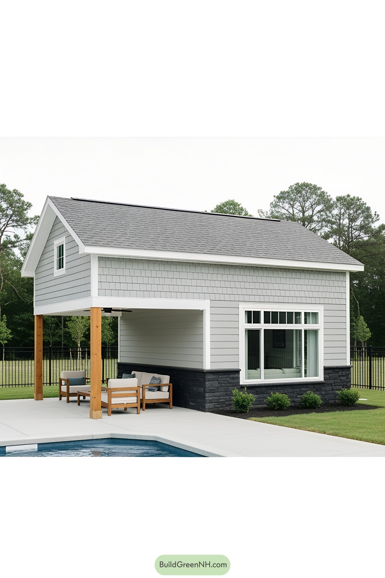 Simple pool house with wooden posts, close to the pool
