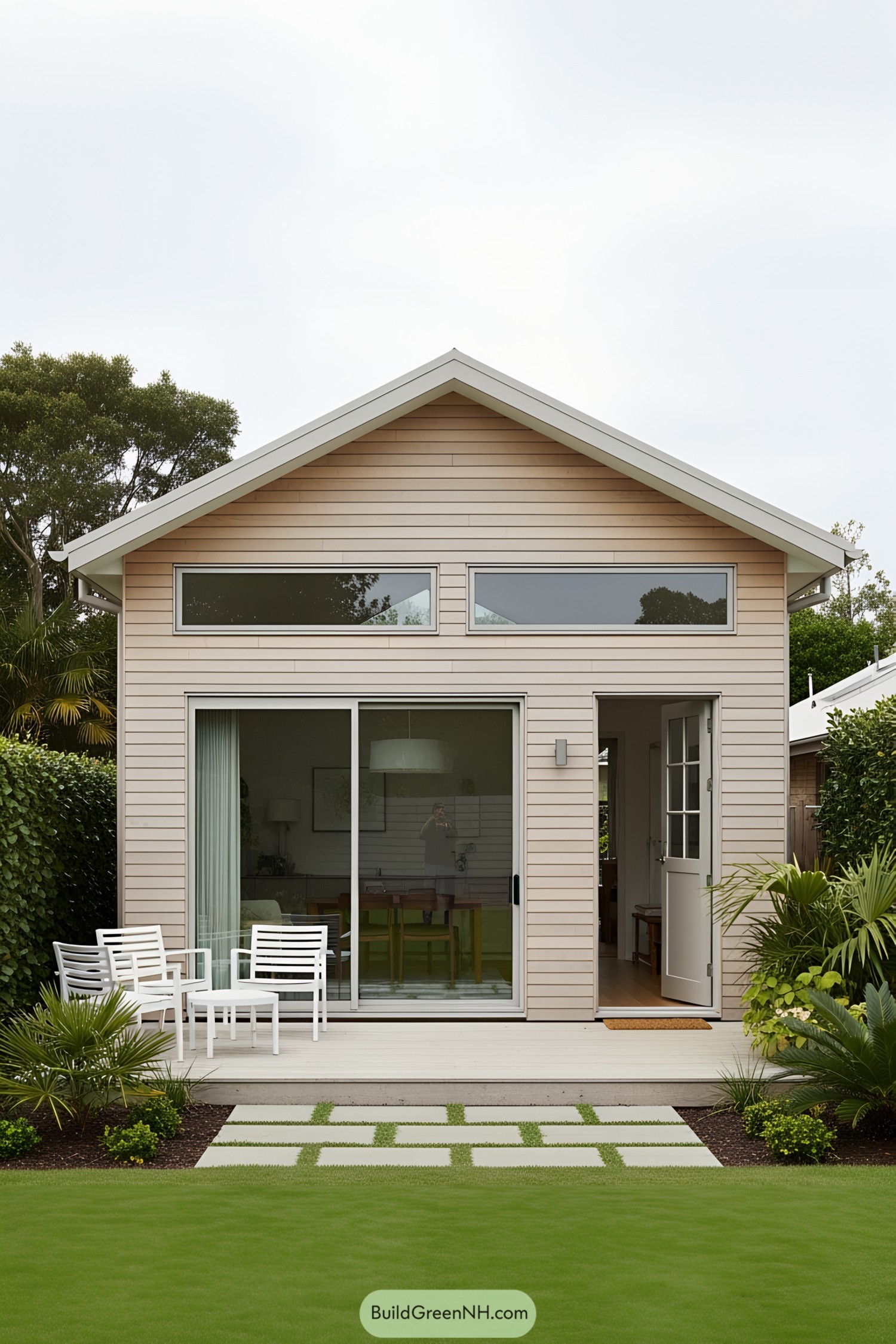 Small modern pool house with patio seating