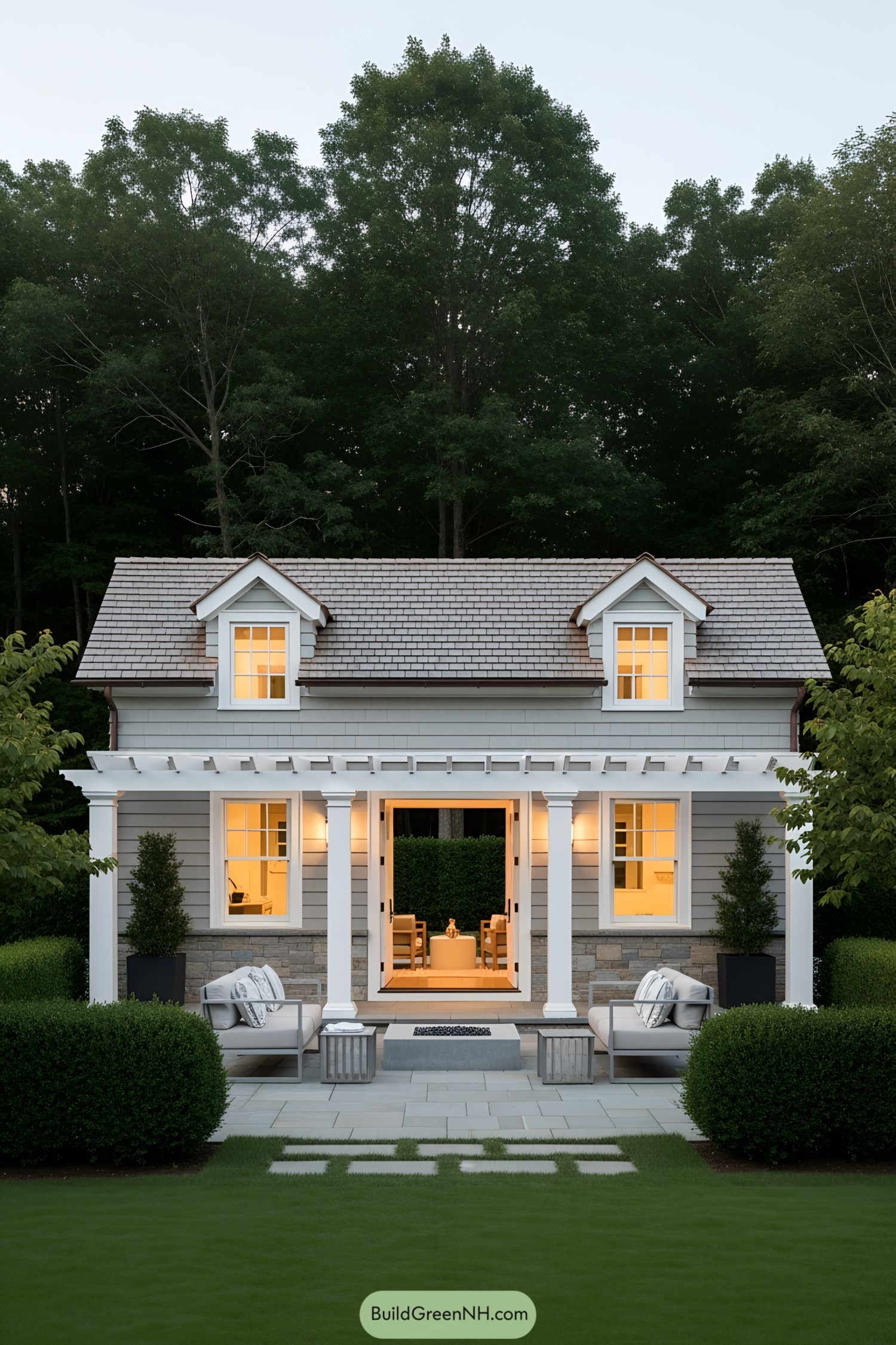 Compact pool house with inviting porch