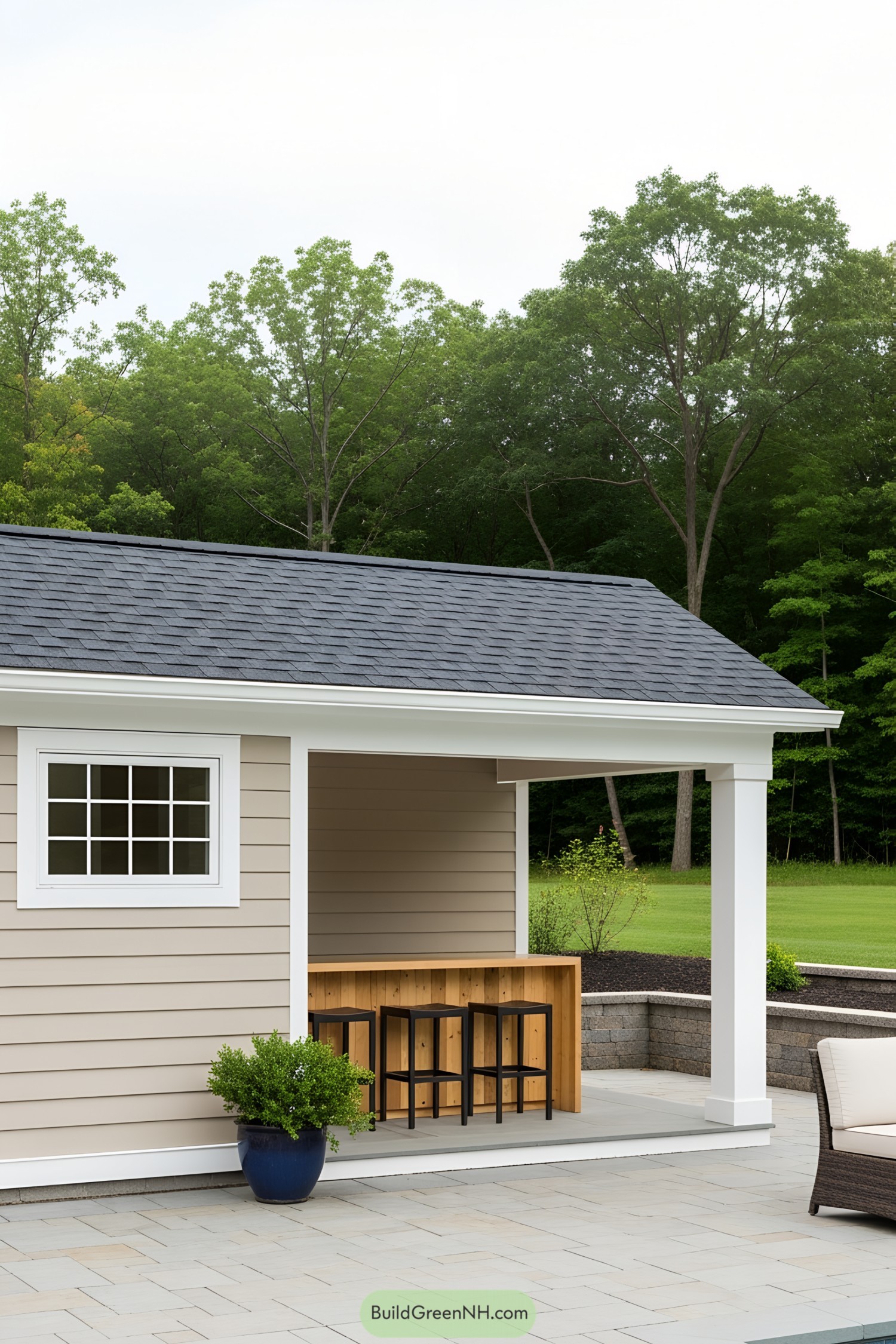 Compact pool house with bar seating