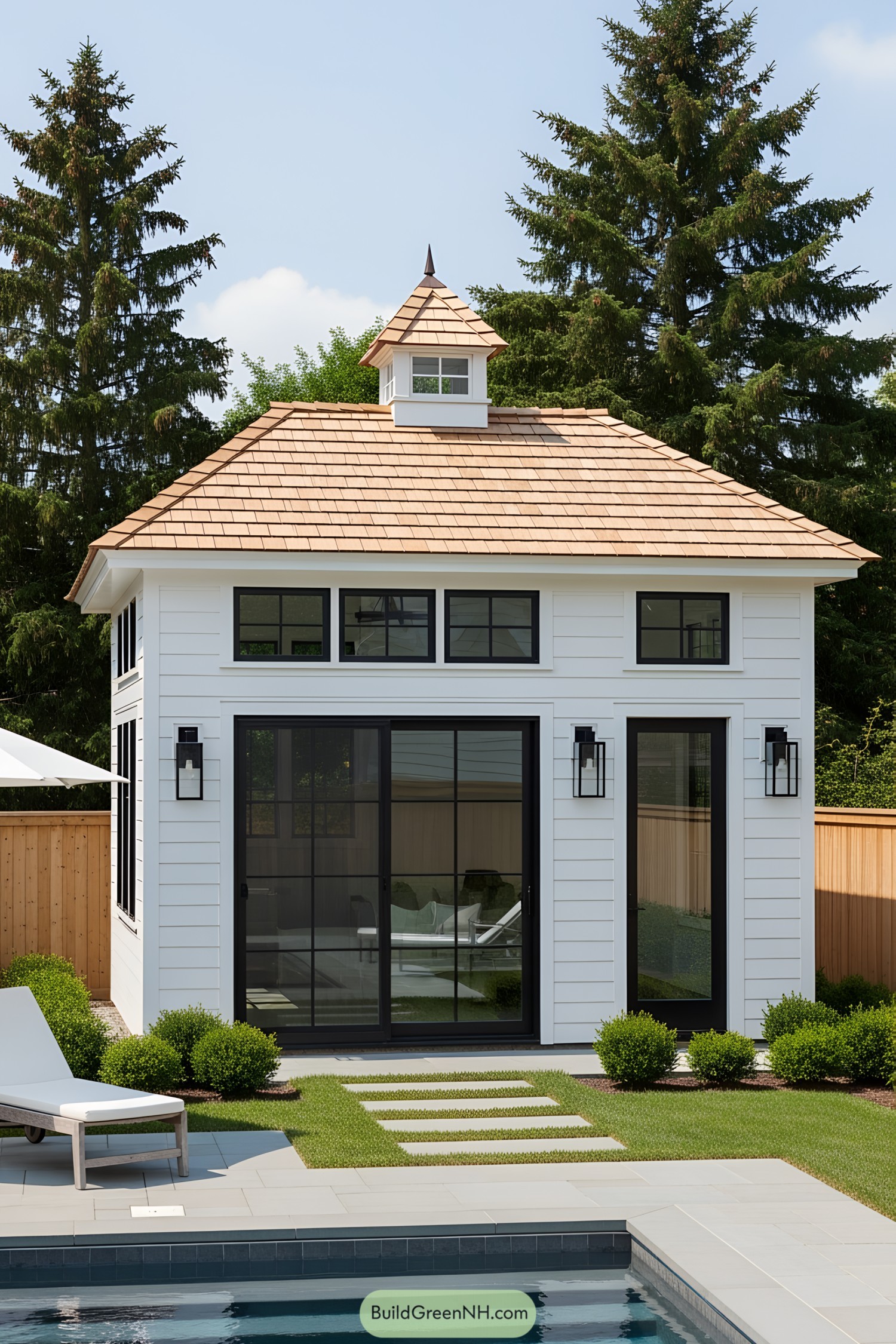 Charming small pool house with a wooden roof and glass doors