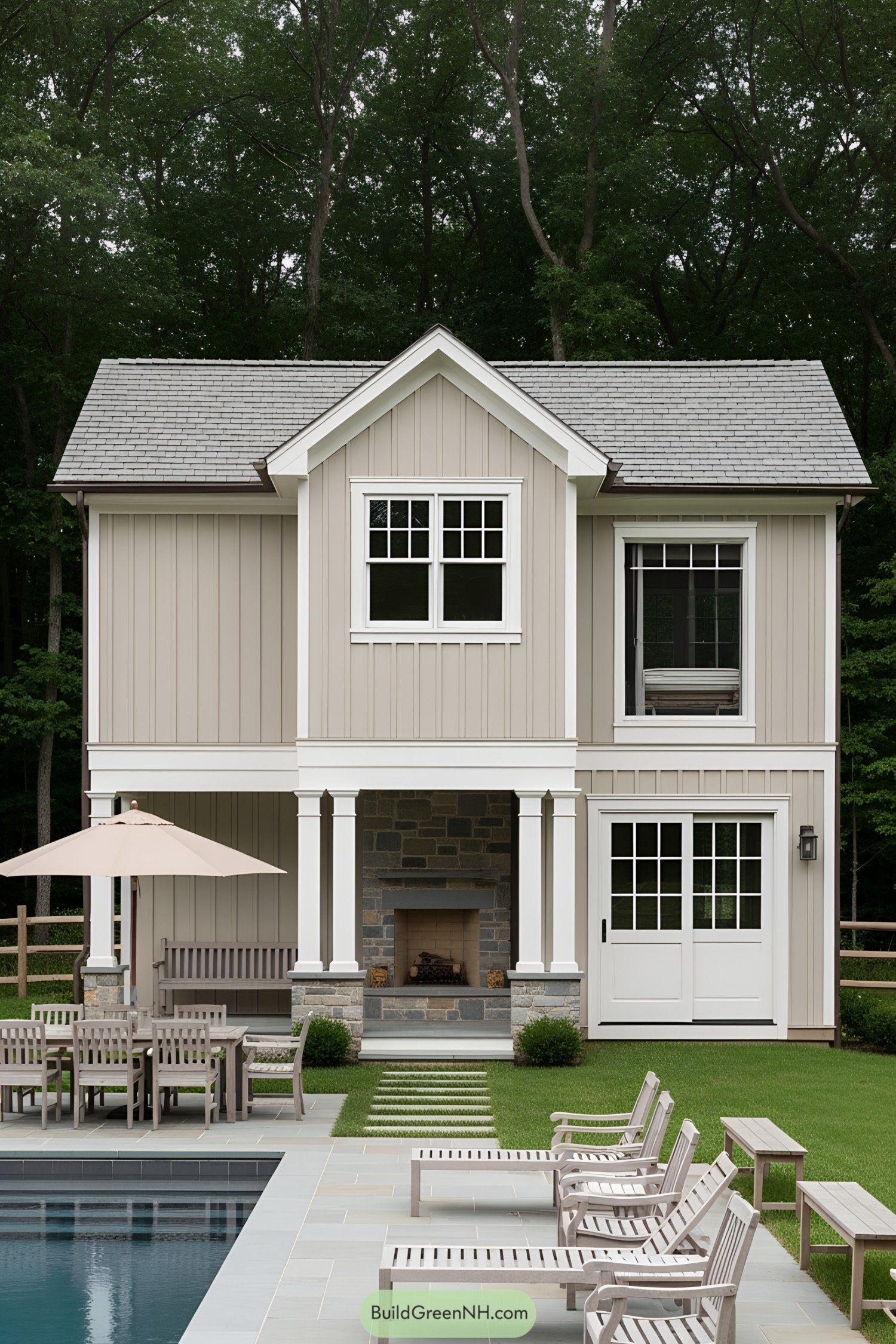 Charming pool house with beige siding and outdoor seating