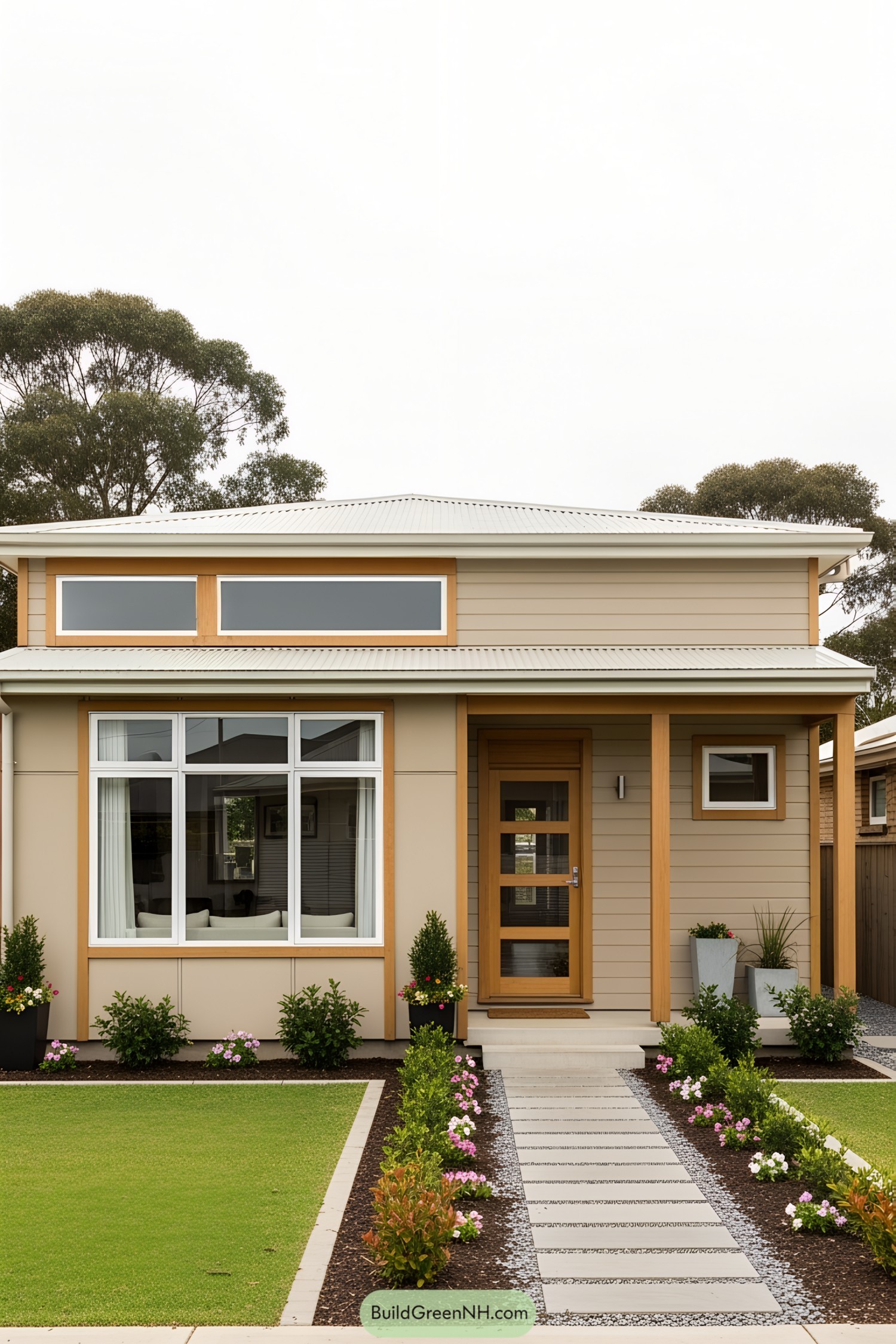 Single-level cottage with a modern facade