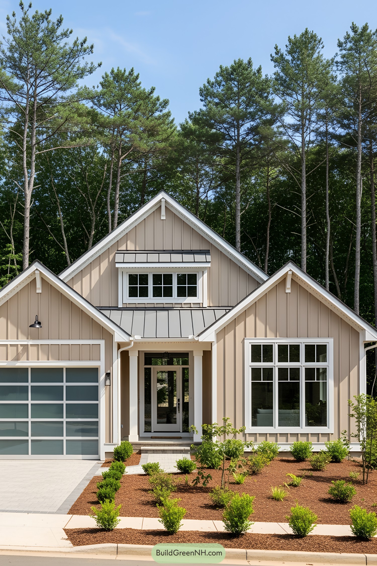 Compact, modern cottage surrounded by tall trees