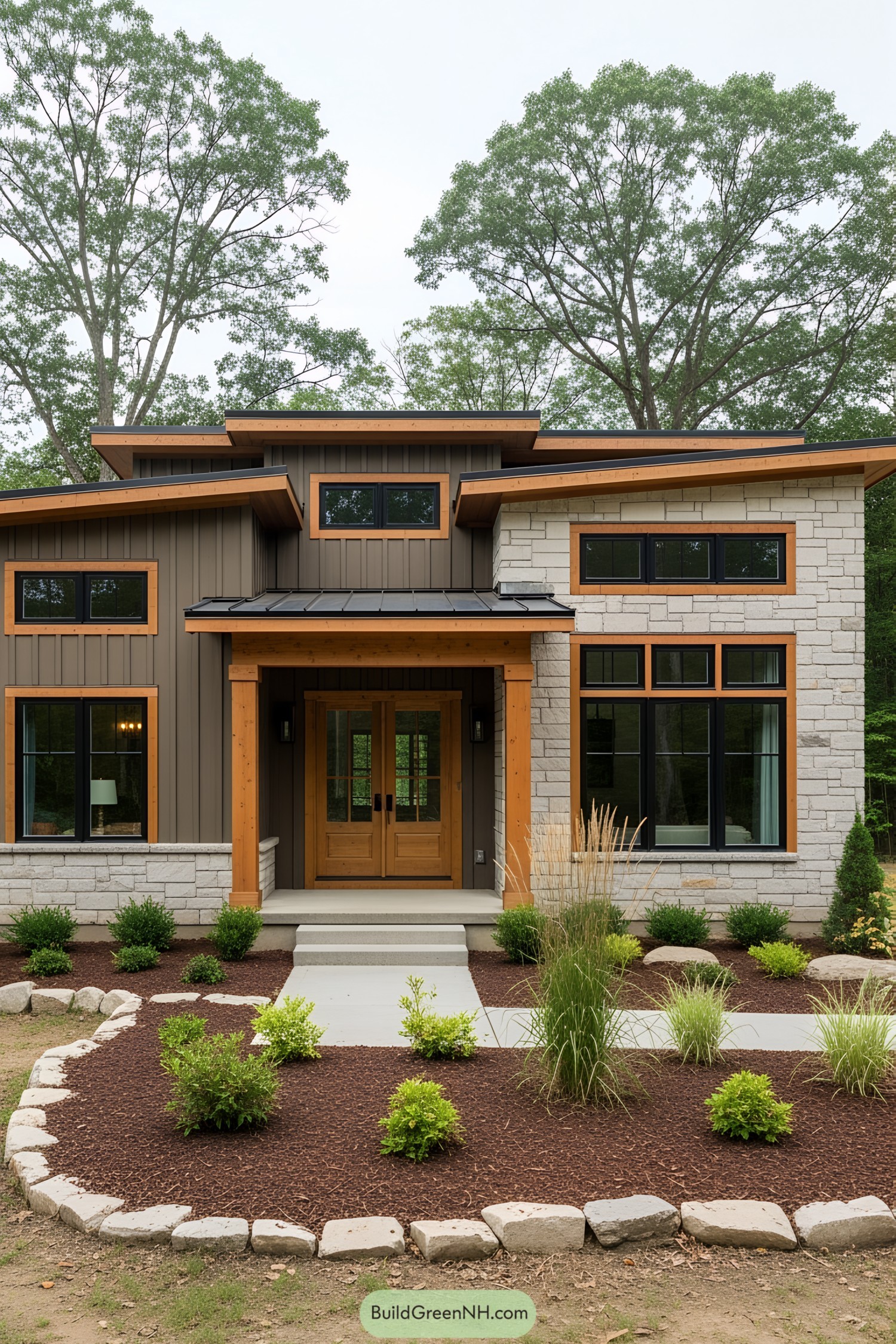 Single-story cottage with modern design elements surrounded by trees