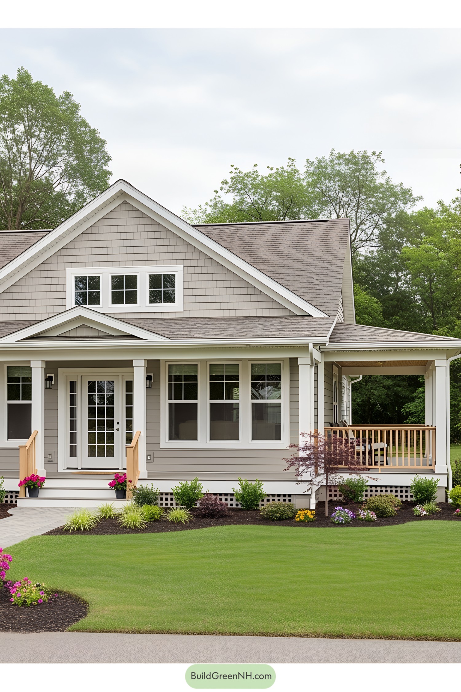 Single-story cottage with inviting porch and tidy garden