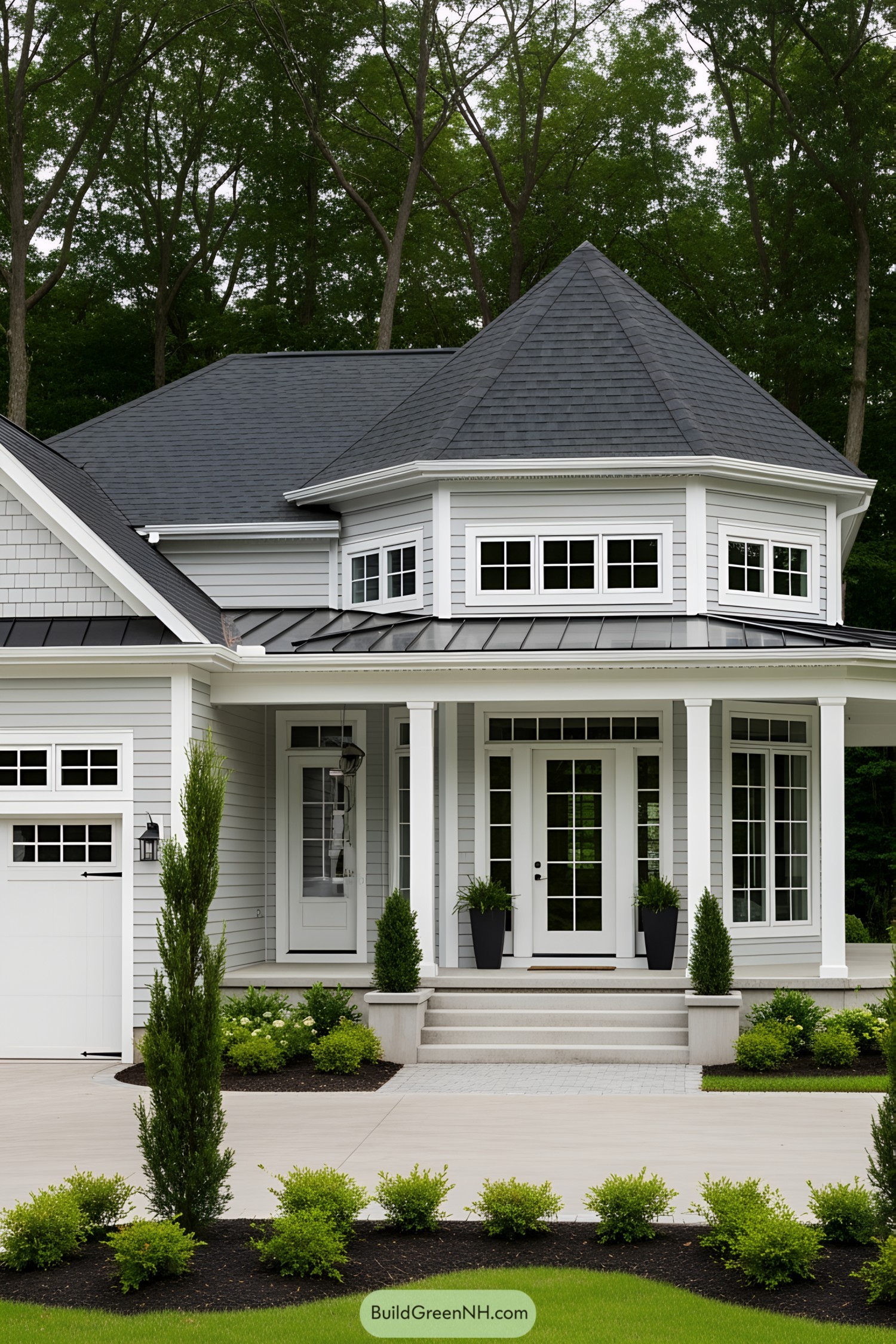 Charming cottage with white siding and lush greenery