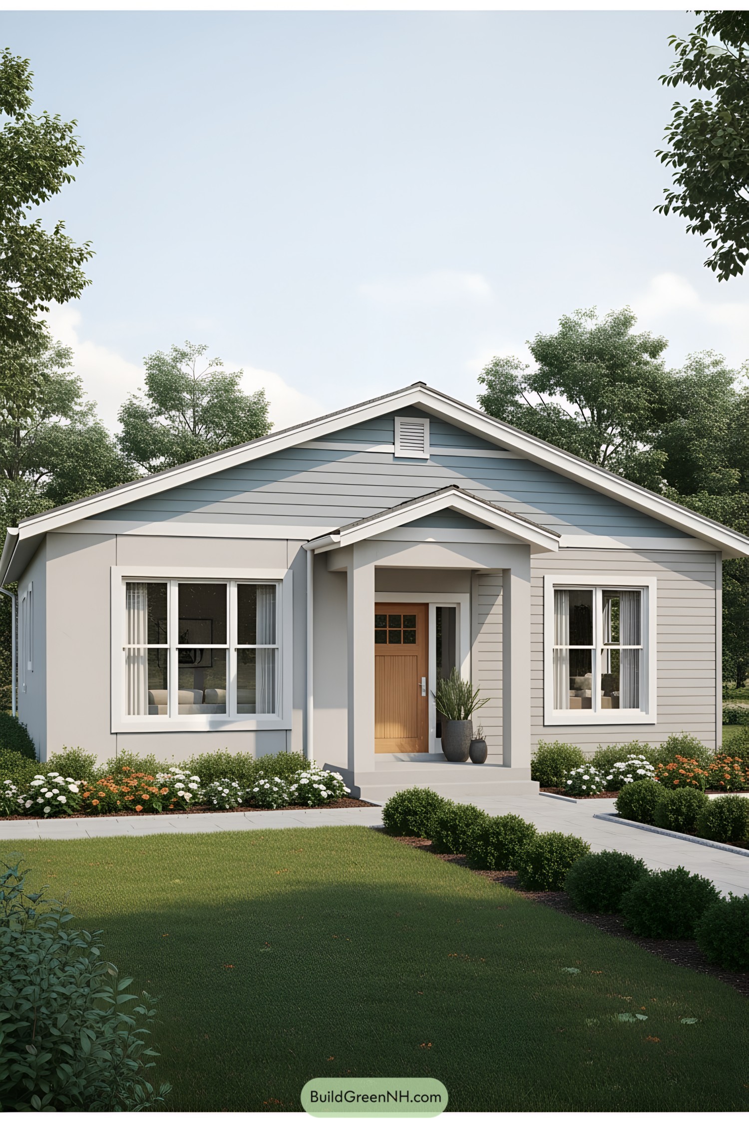 Charming single-story house with blue and white siding