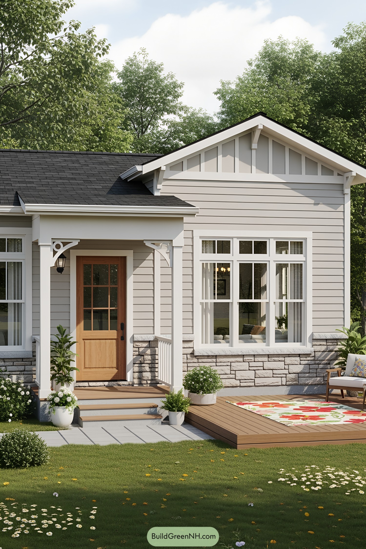 Single-story house with a front deck and potted plants
