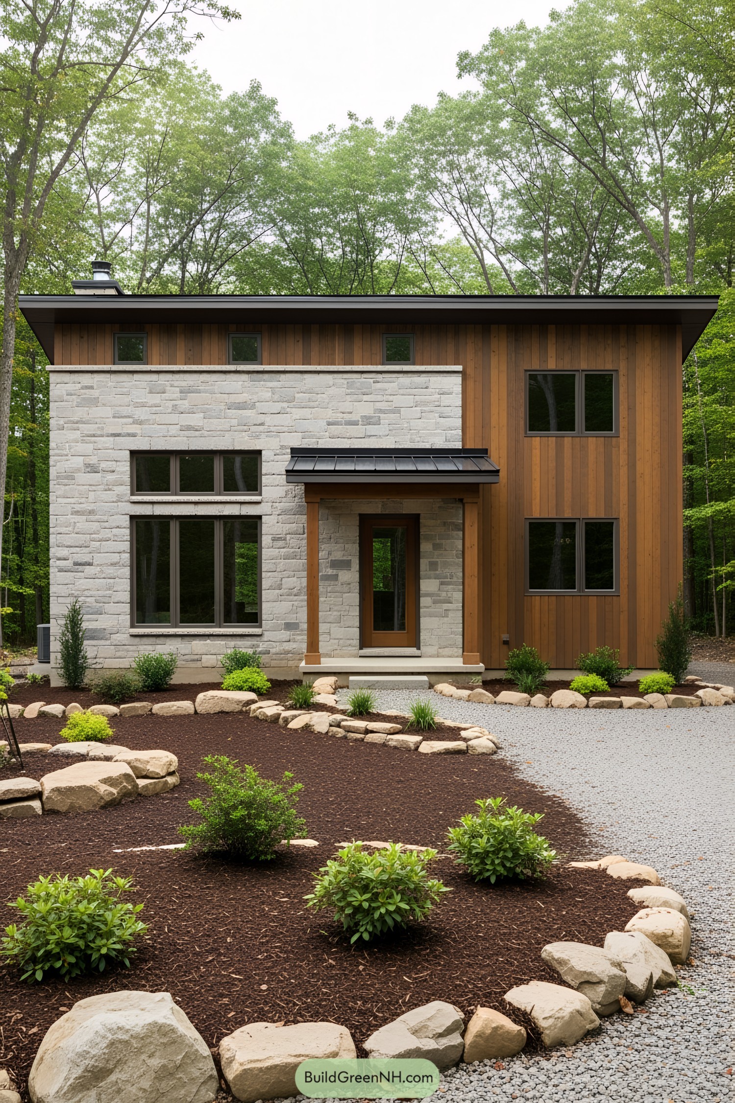 Modern single-floor house with stone and wood exterior