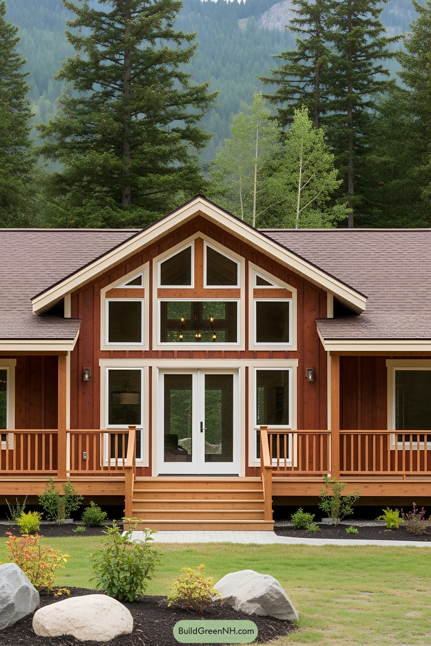 Charming single-story house with wooden accents surrounded by tall trees