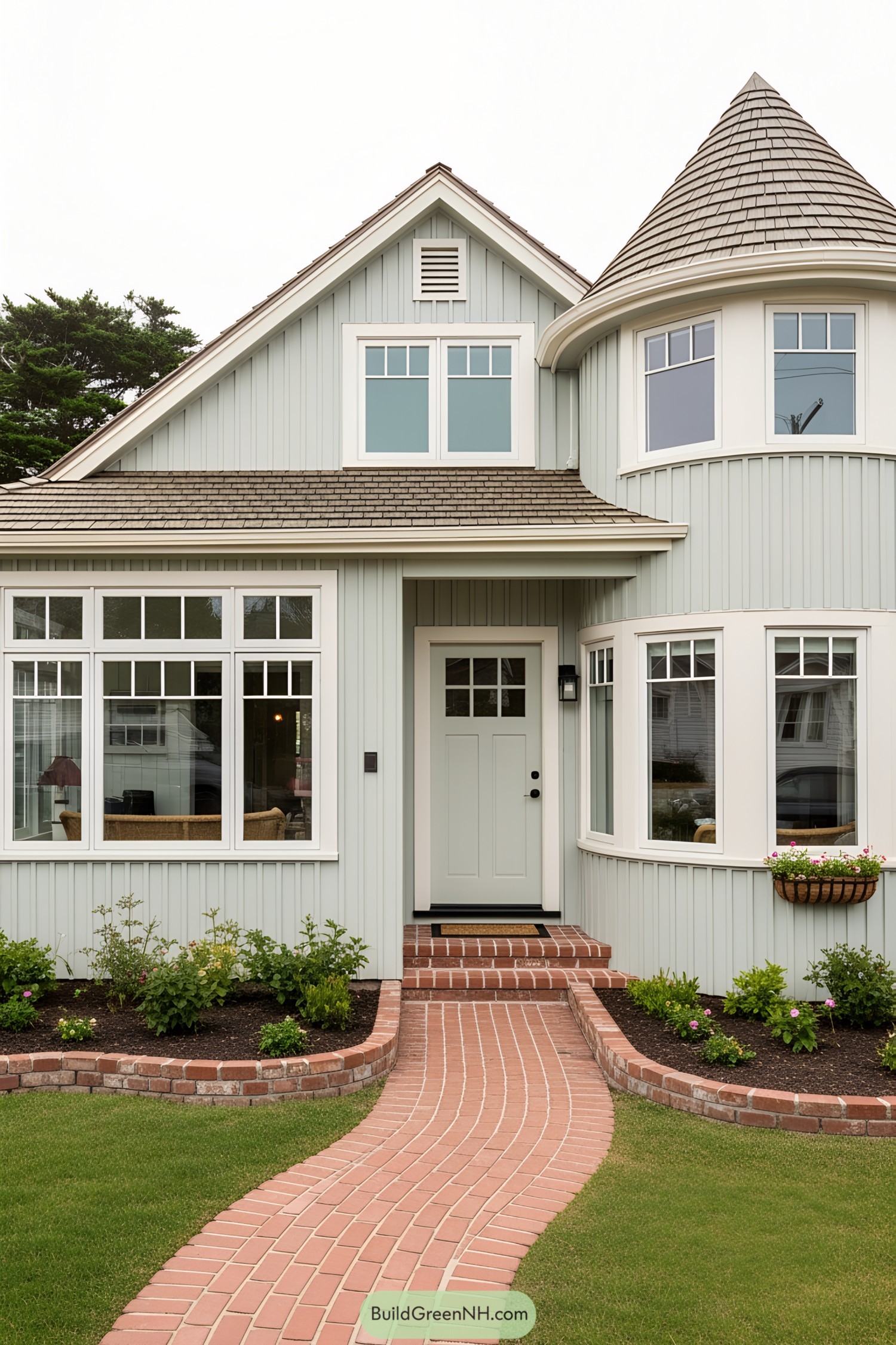 Compact turret-style beach house with a red brick path