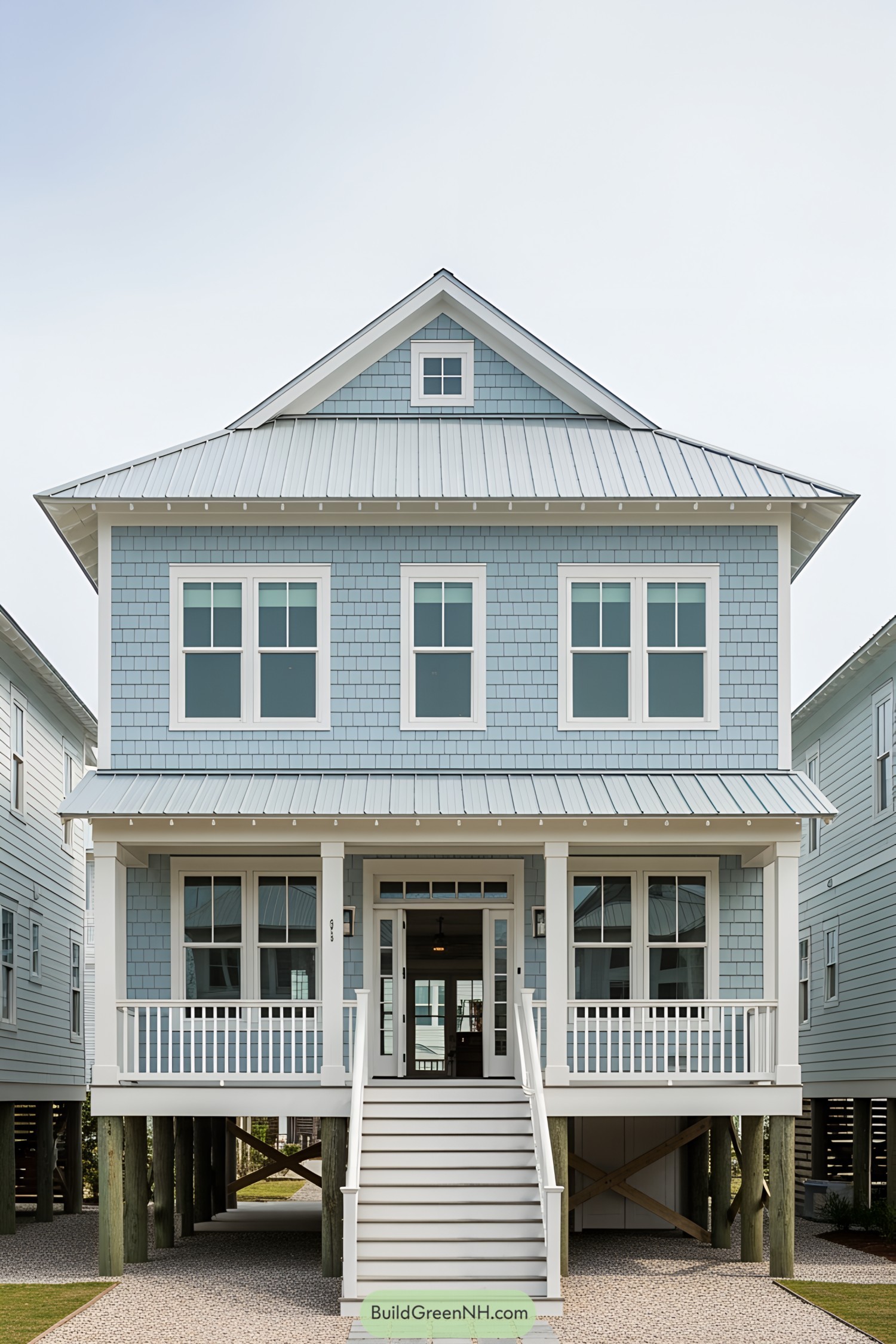 Stilted beach house with blue siding and white accents