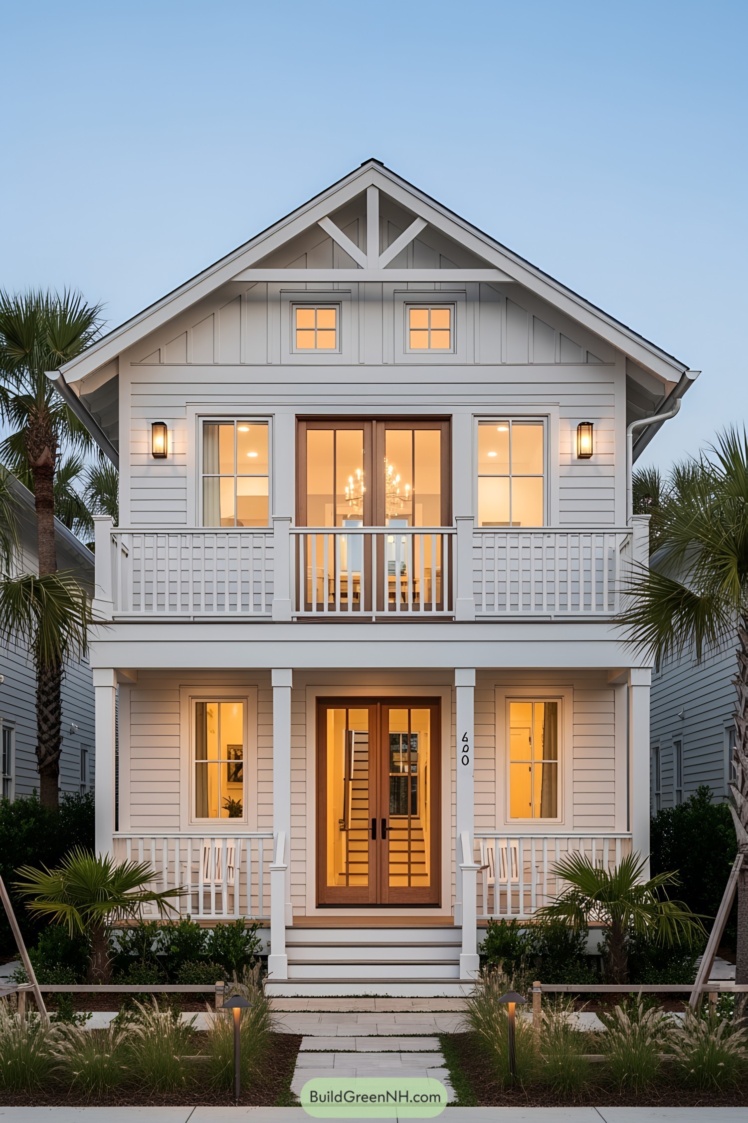 White beach house with porch and balcony