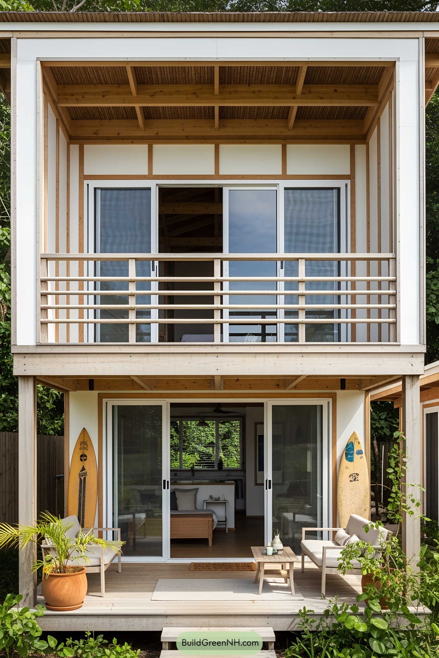 Wooden house with surfboards and a cozy patio