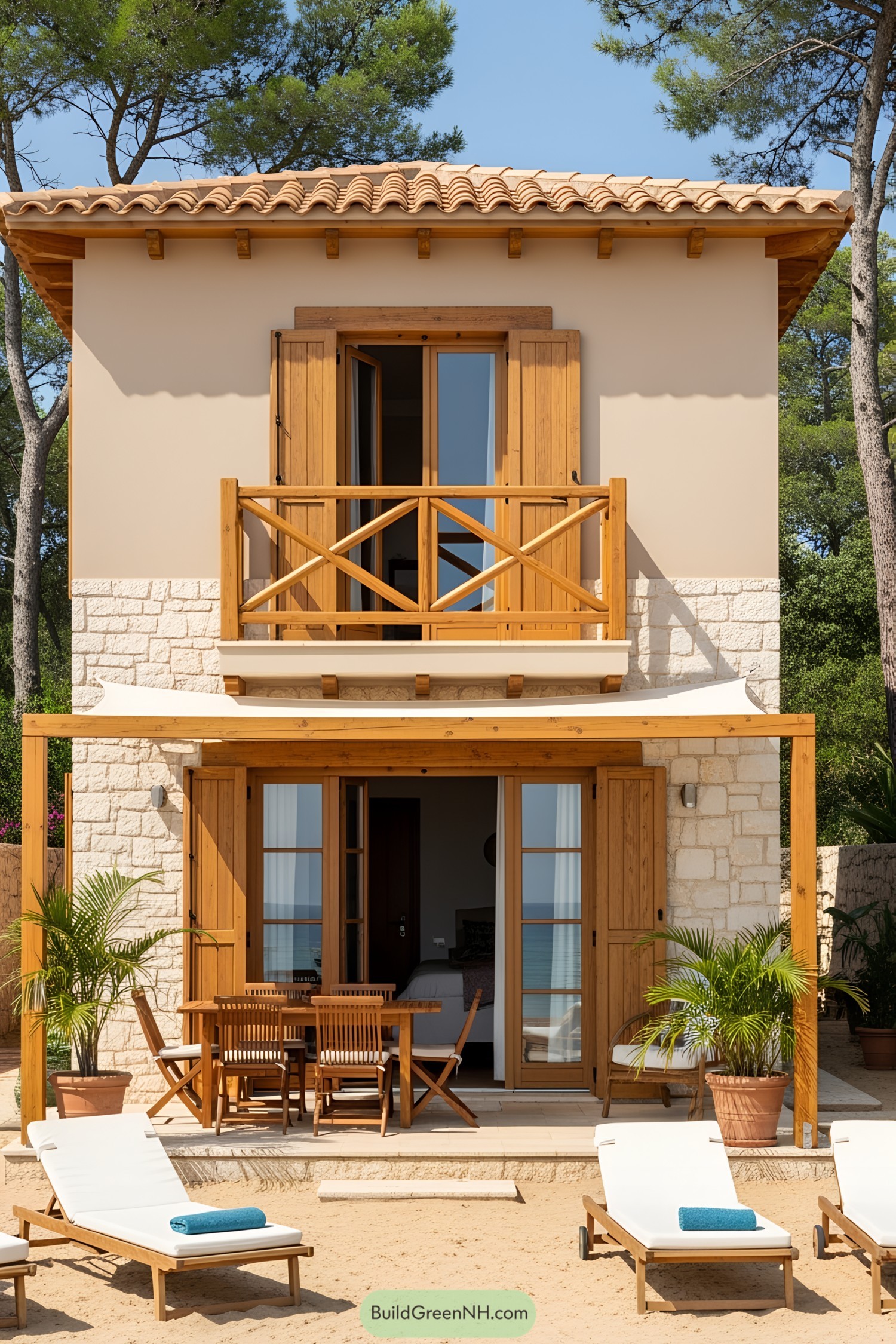Small beach house with a wooden balcony and sun loungers