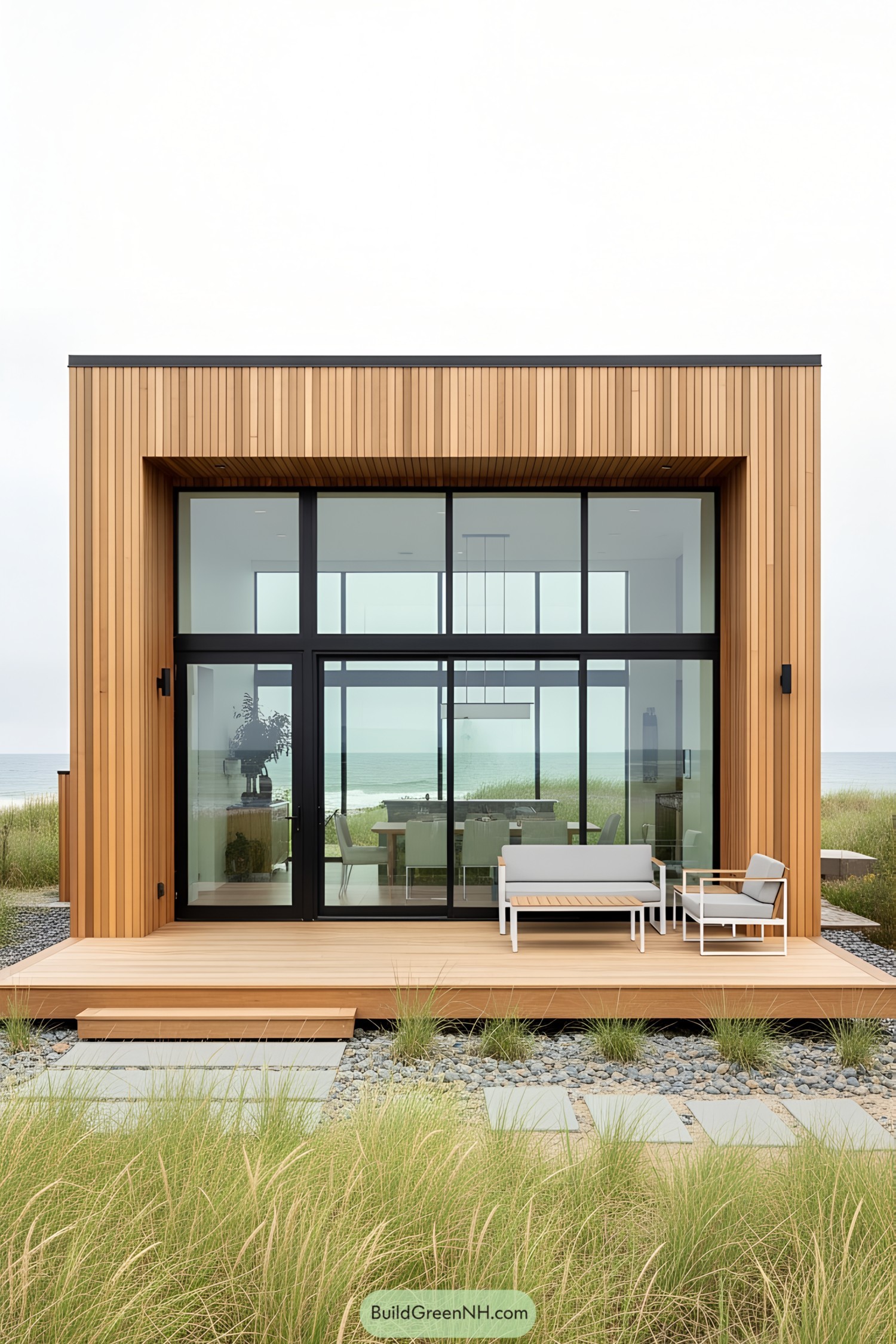 Modern beach house with large glass windows