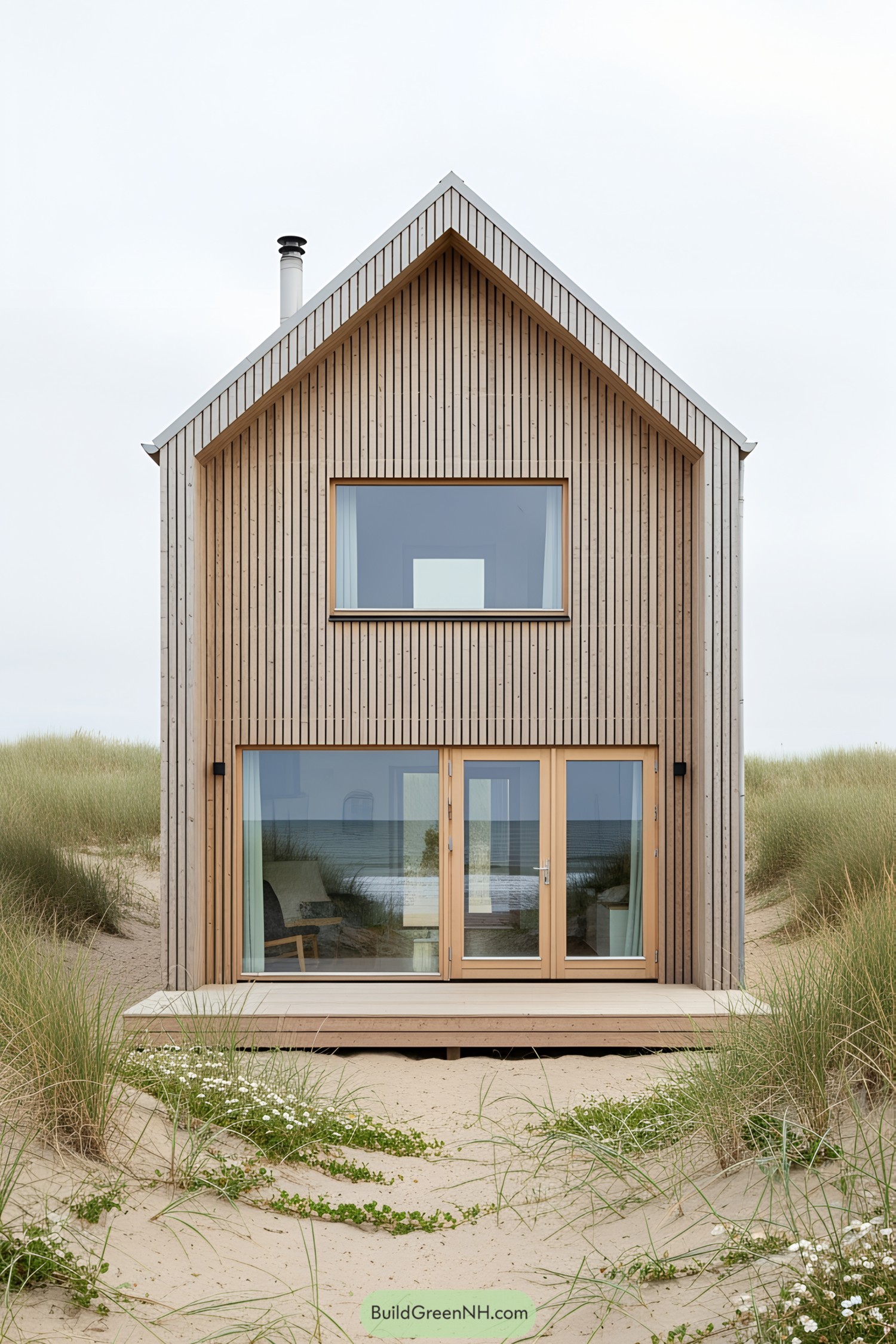 Compact beach house with wooden facade and glass doors