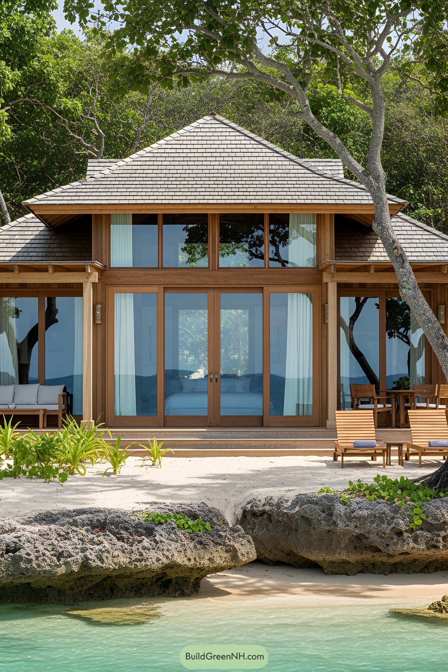 Small beach house with wooden accents and lush greenery