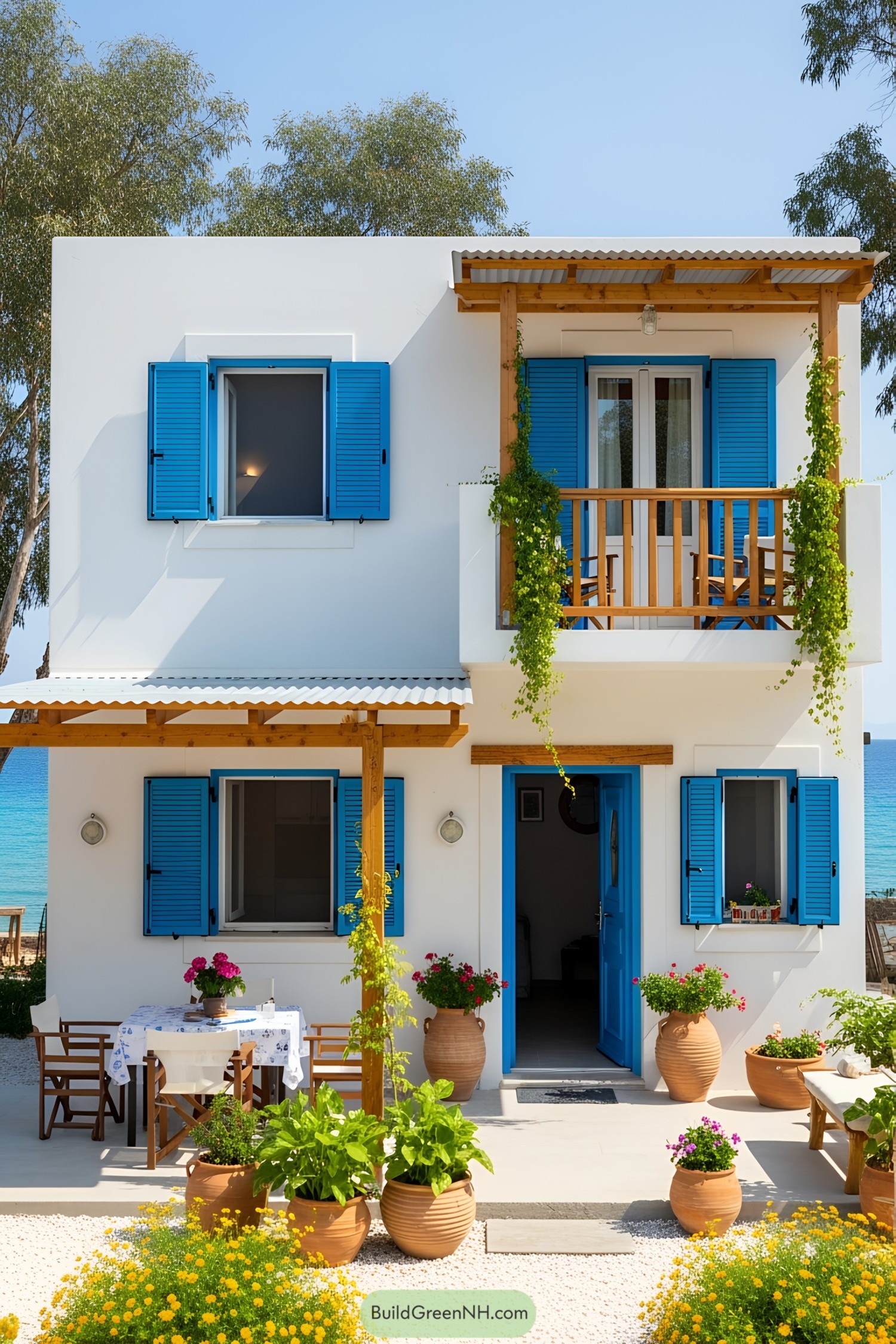 White beach house with blue shutters and lush plants