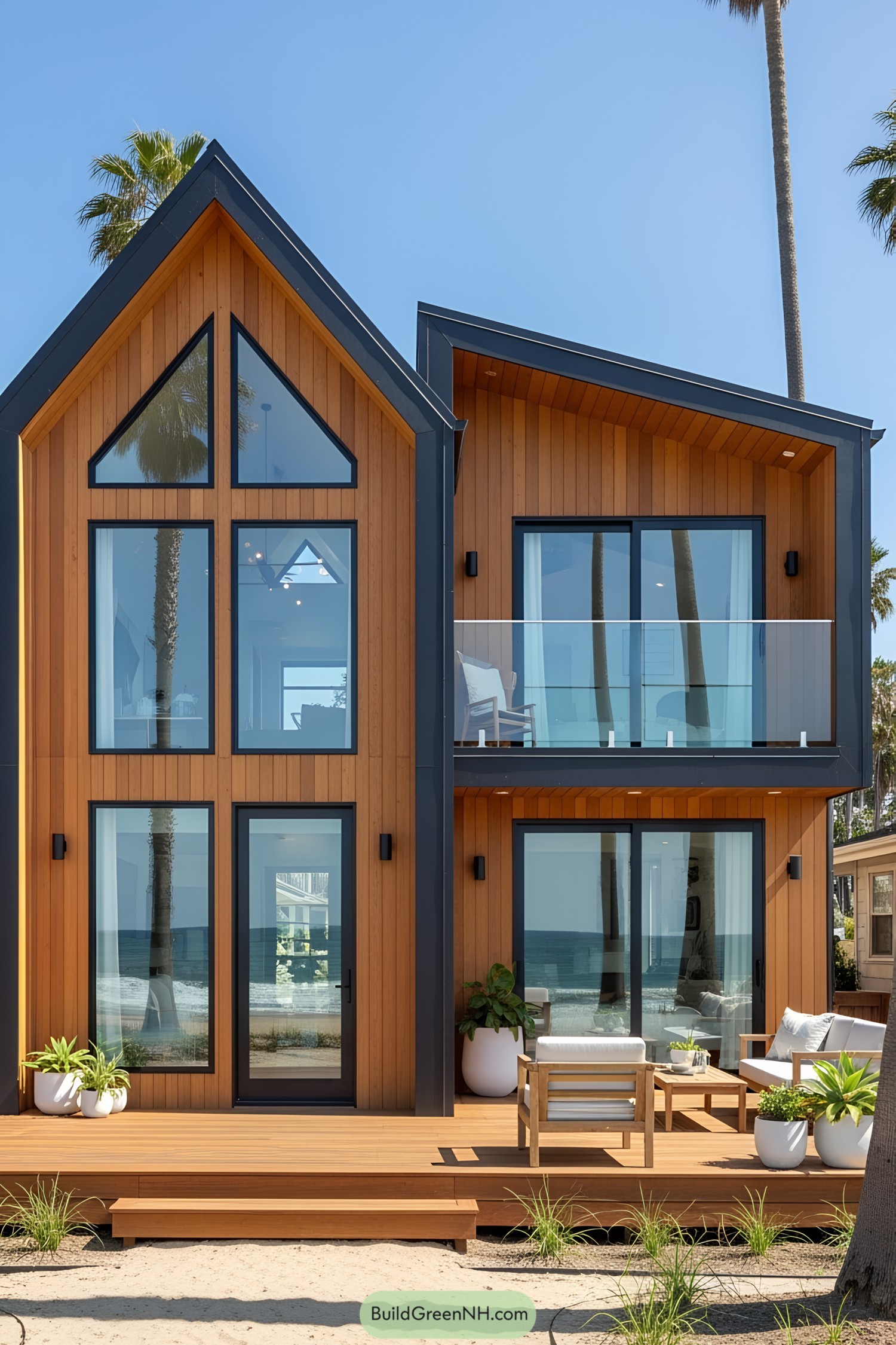 Contemporary beach house with large windows and wooden exterior