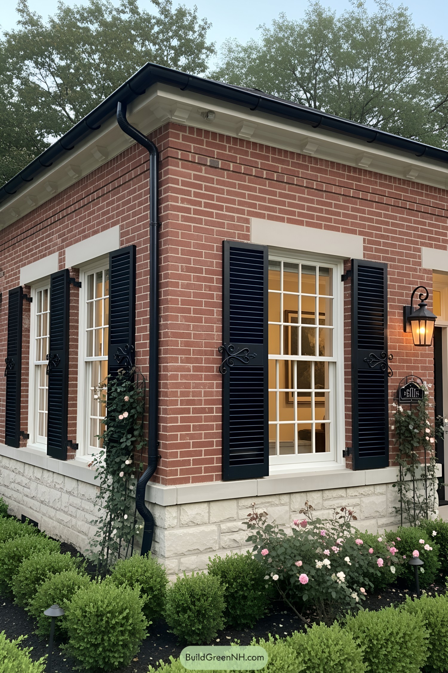 Charming small brick house with black shutters and lush greenery