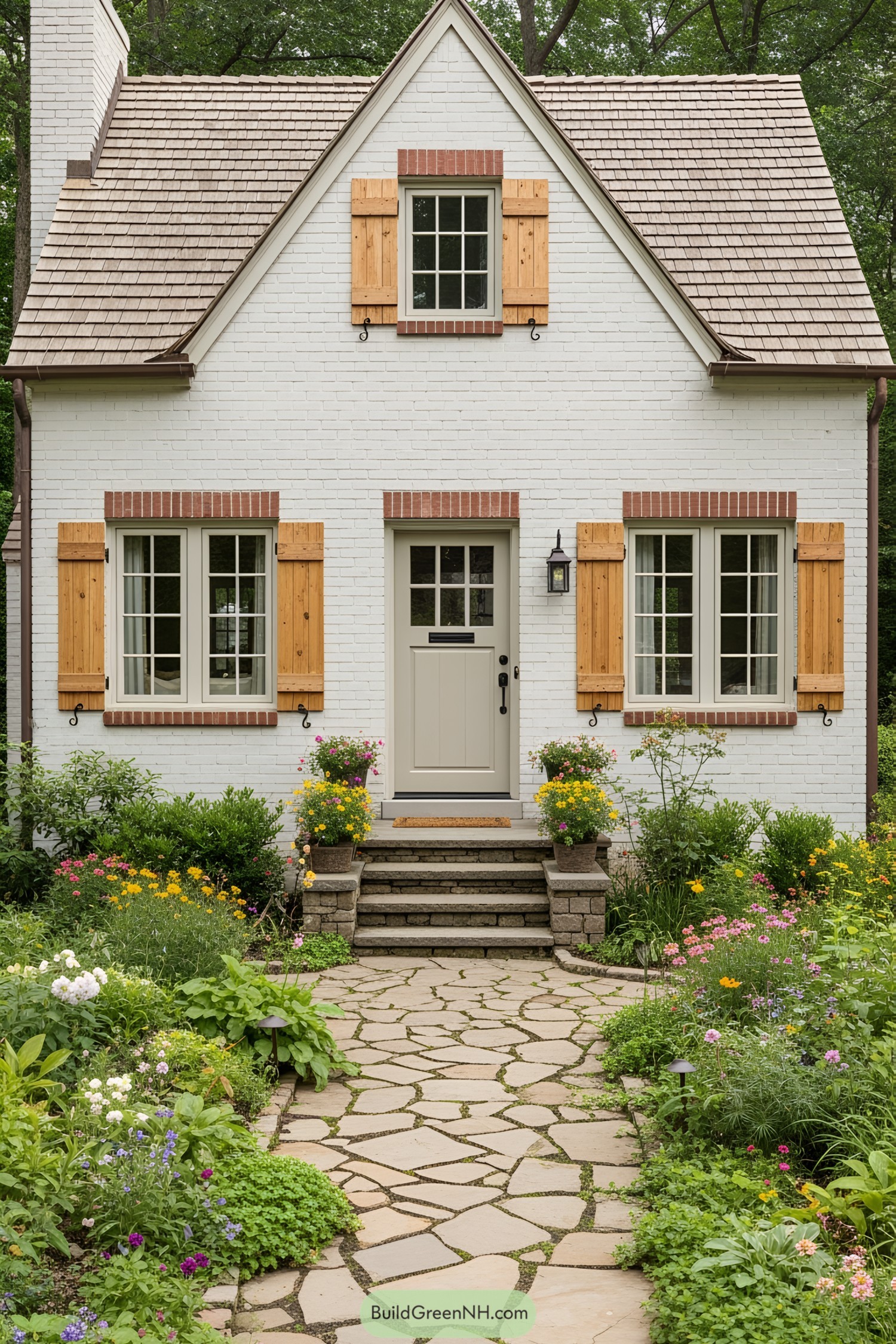 Small brick house with wooden shutters and lush garden