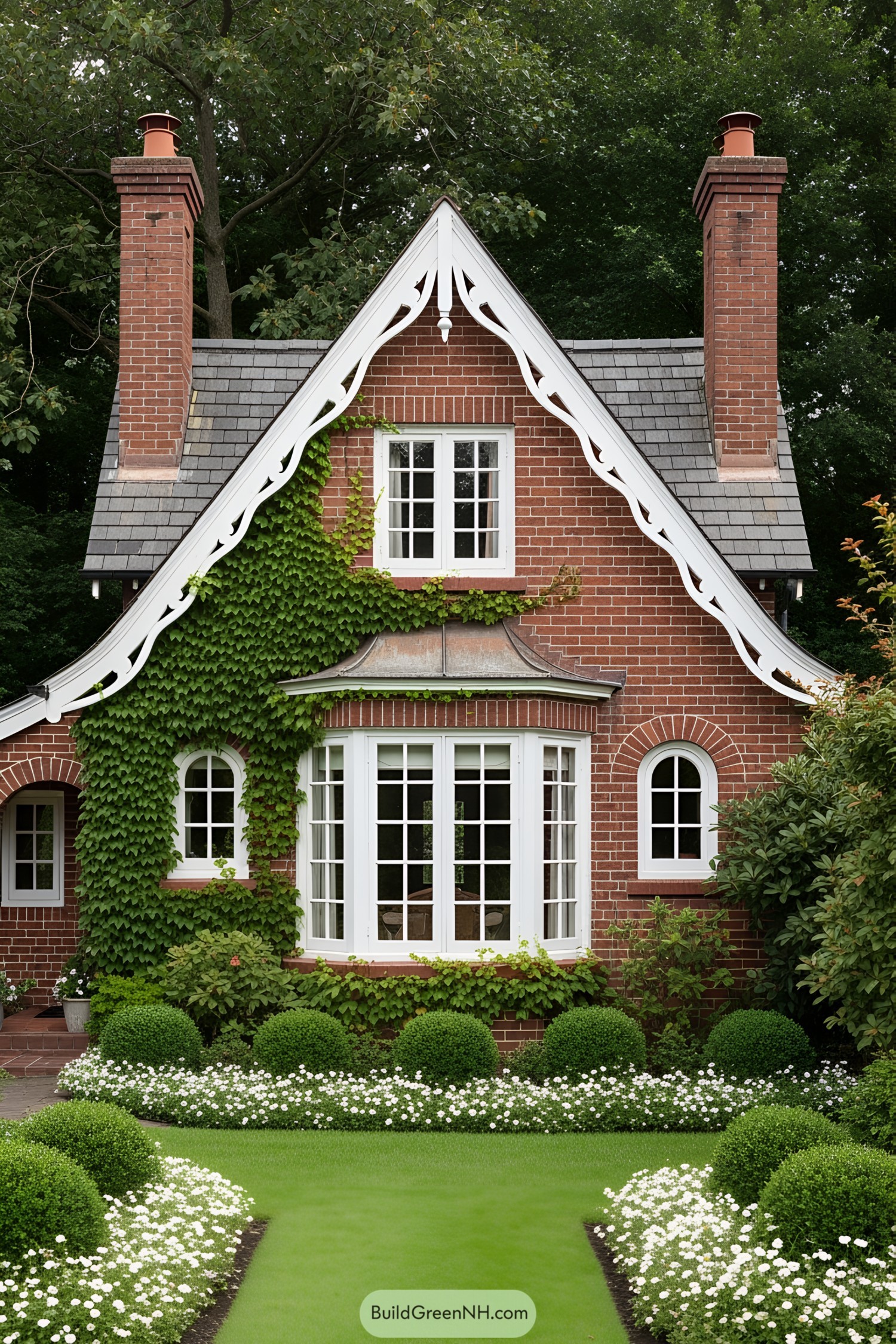 Brick house with white trim surrounded by greenery