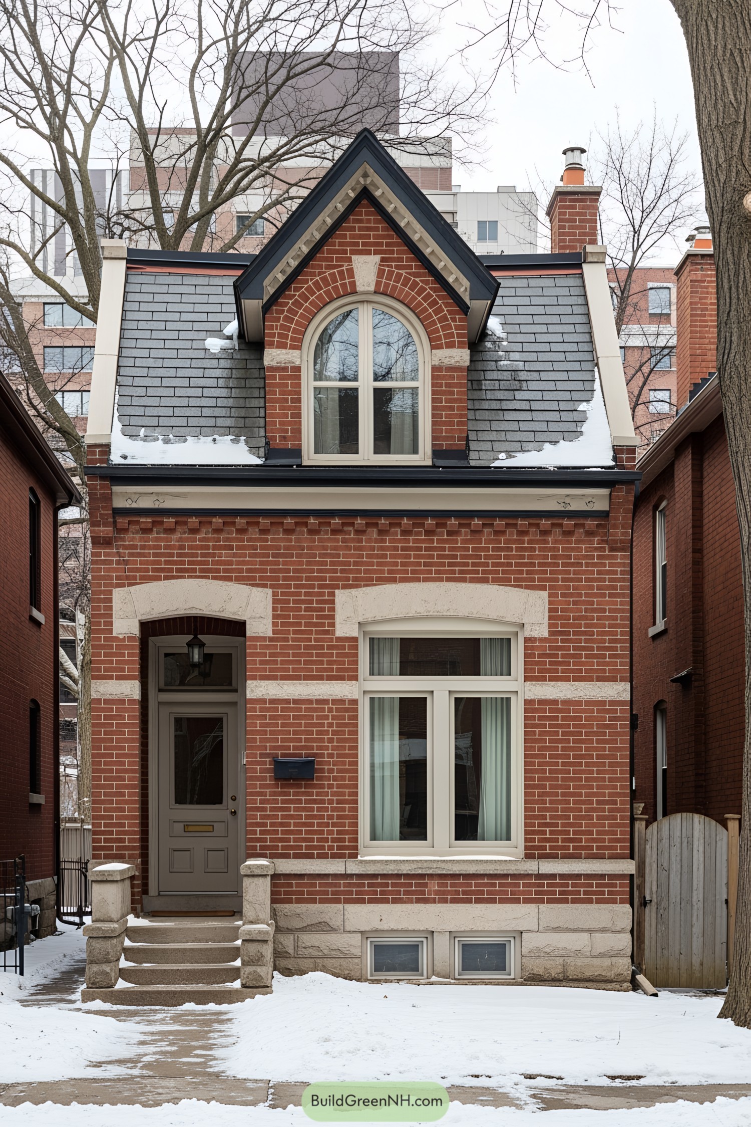 Charming brick house with snow-covered roof and windows