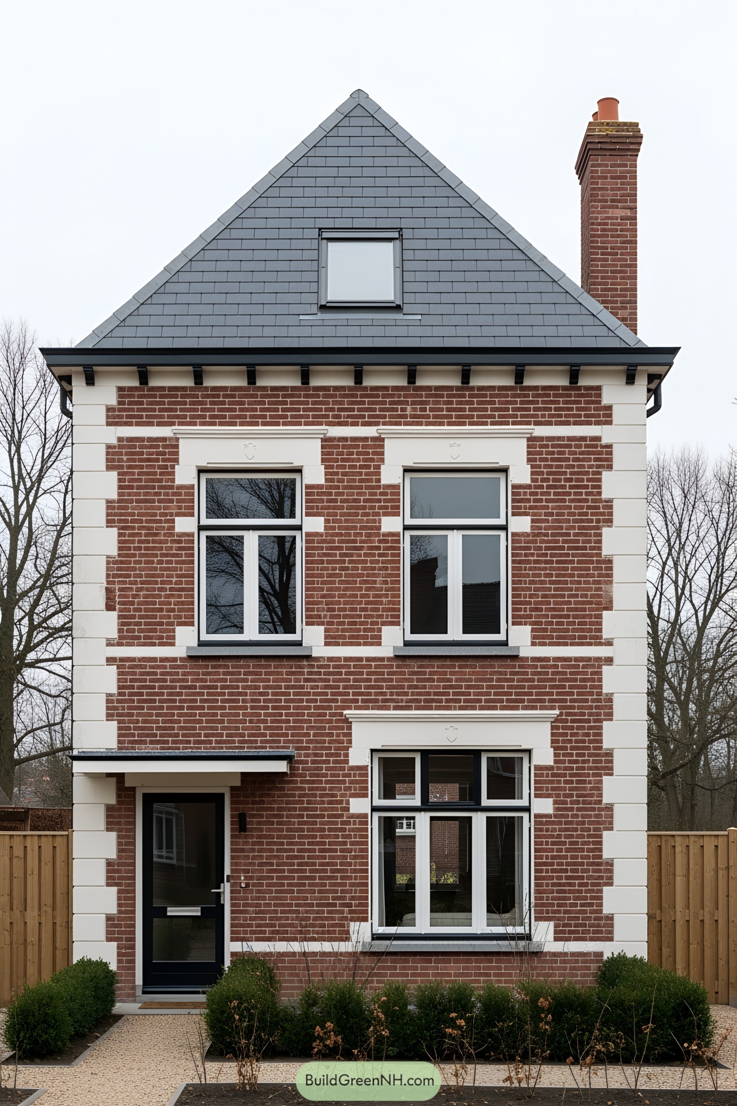 A small brick house with a steep triangular roof