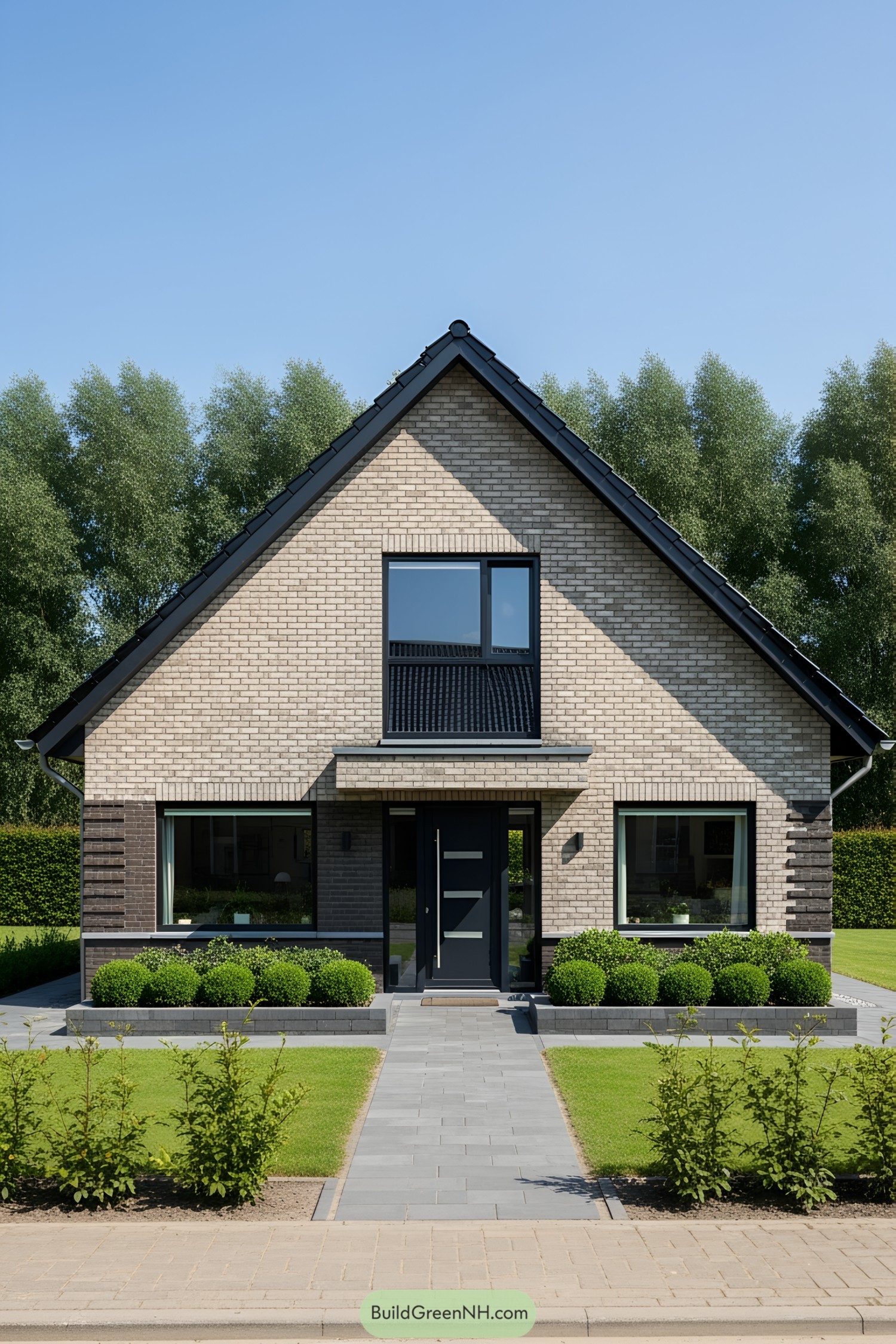 Small brick house with a triangular roof and modern design