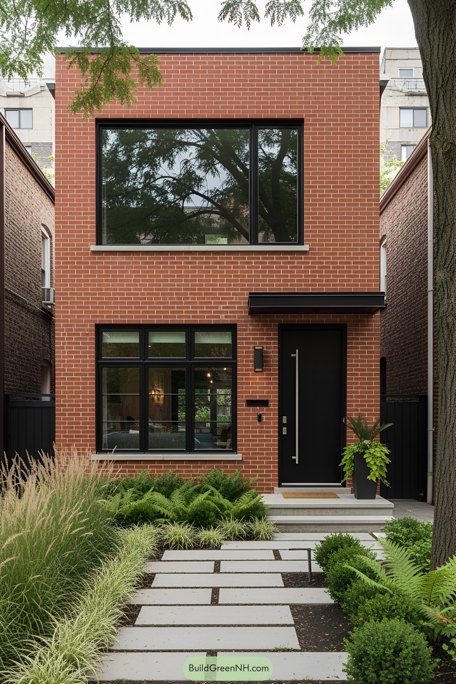 Modern brick house with large windows and sleek design