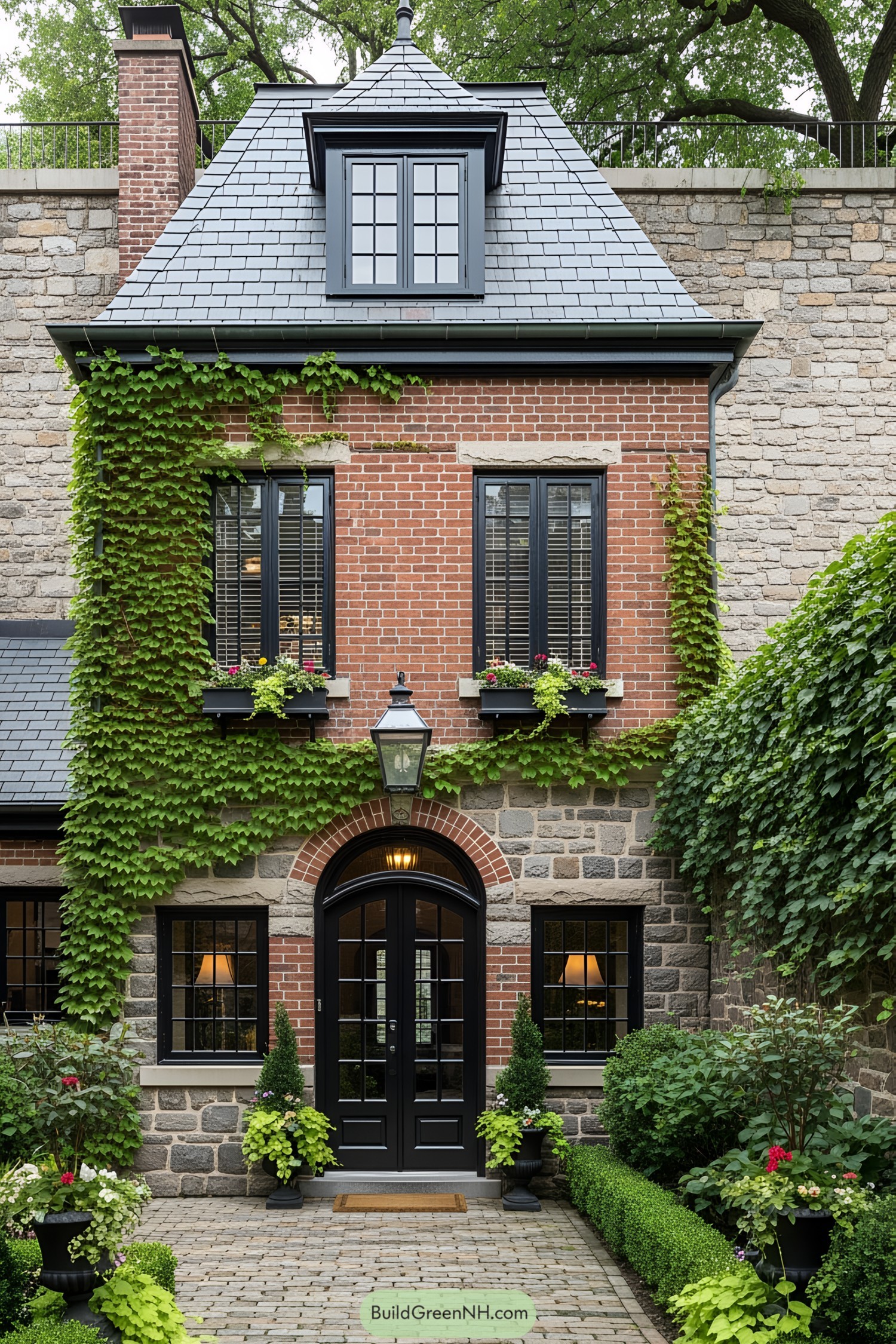 Charming small brick house with ivy and black accents