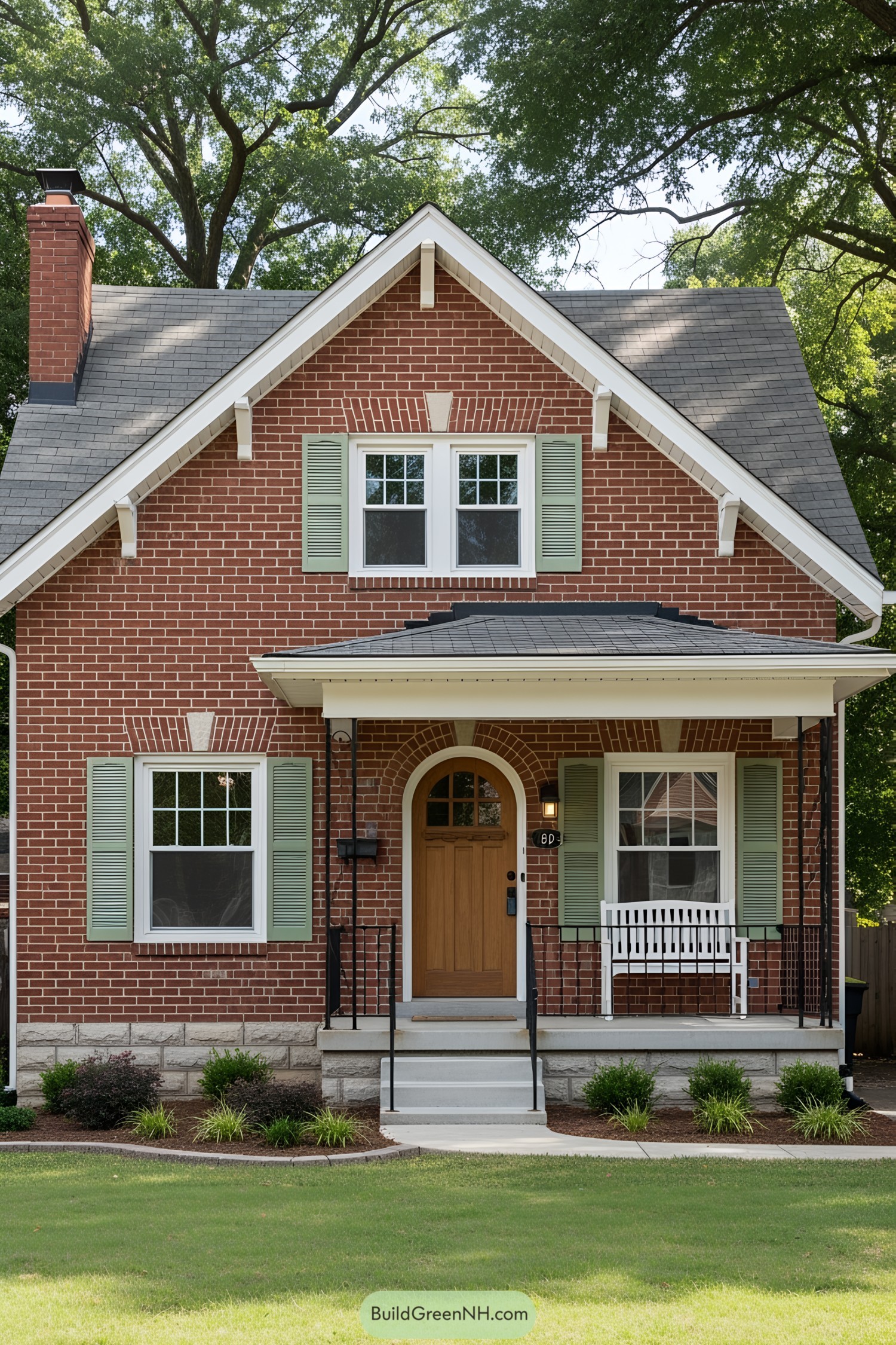 Charming small brick house with green shutters and a welcoming front porch