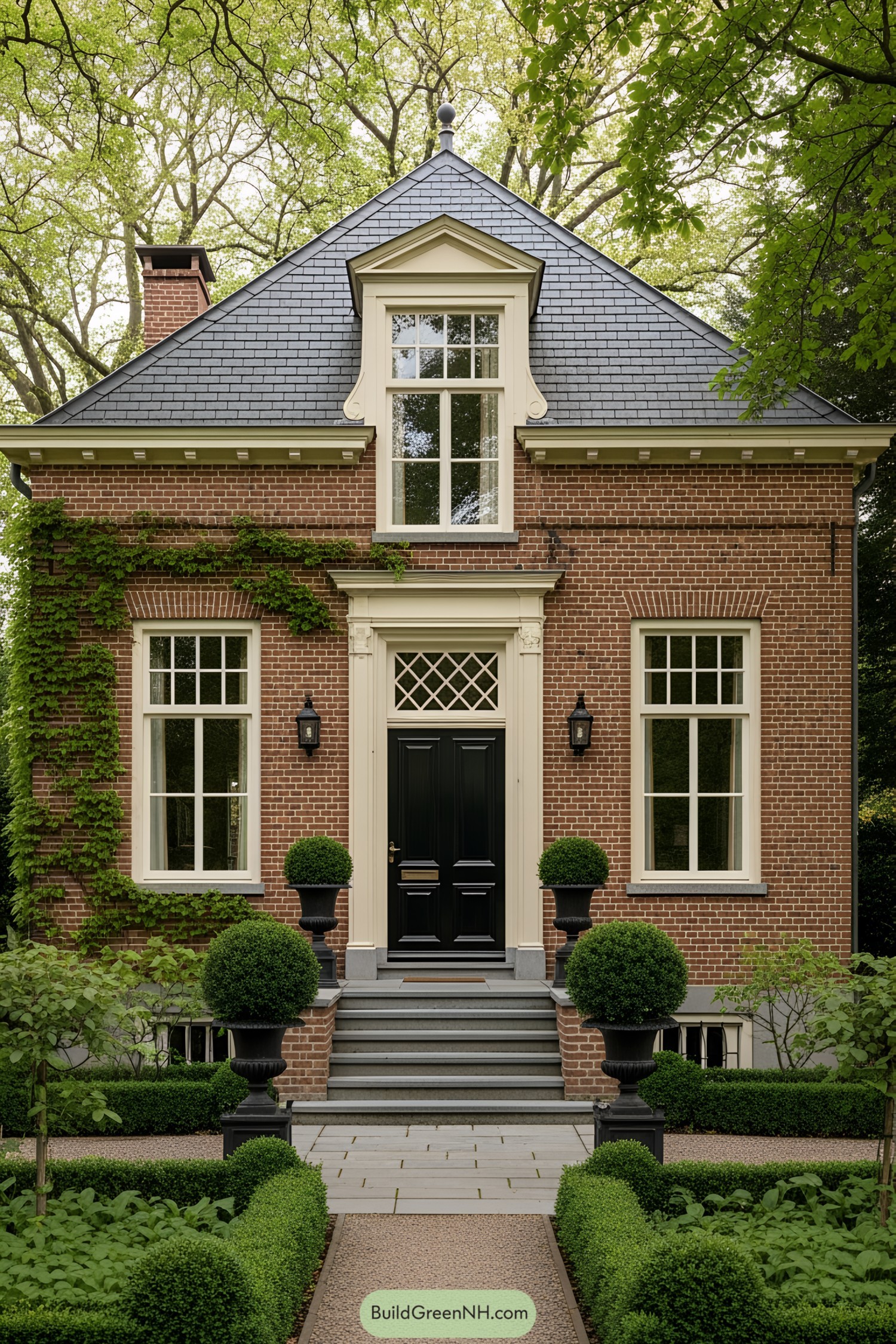 Small brick house with elegant black front door and topiary shrubs