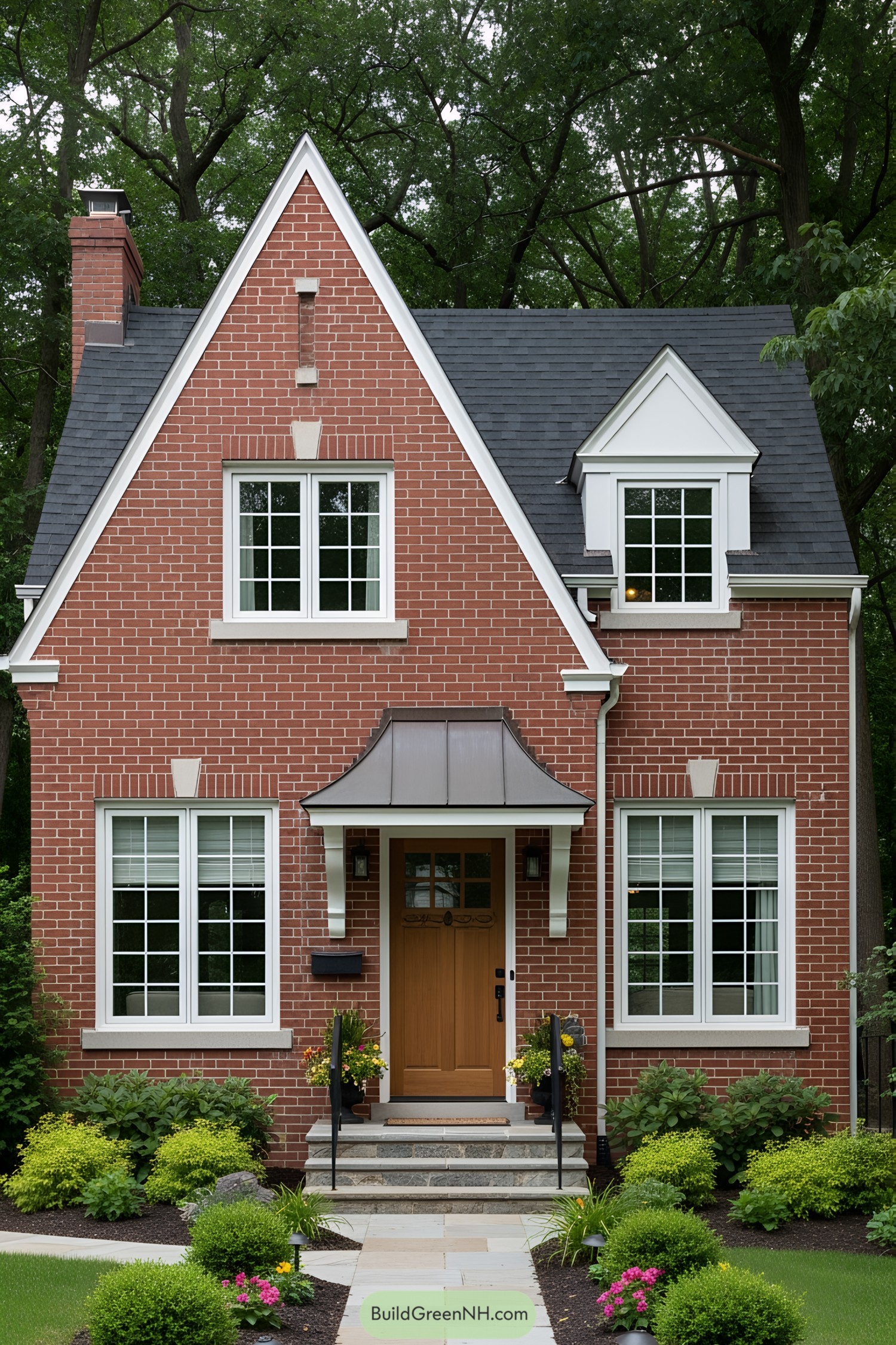 Cozy brick house with a wooden door and neat landscaping