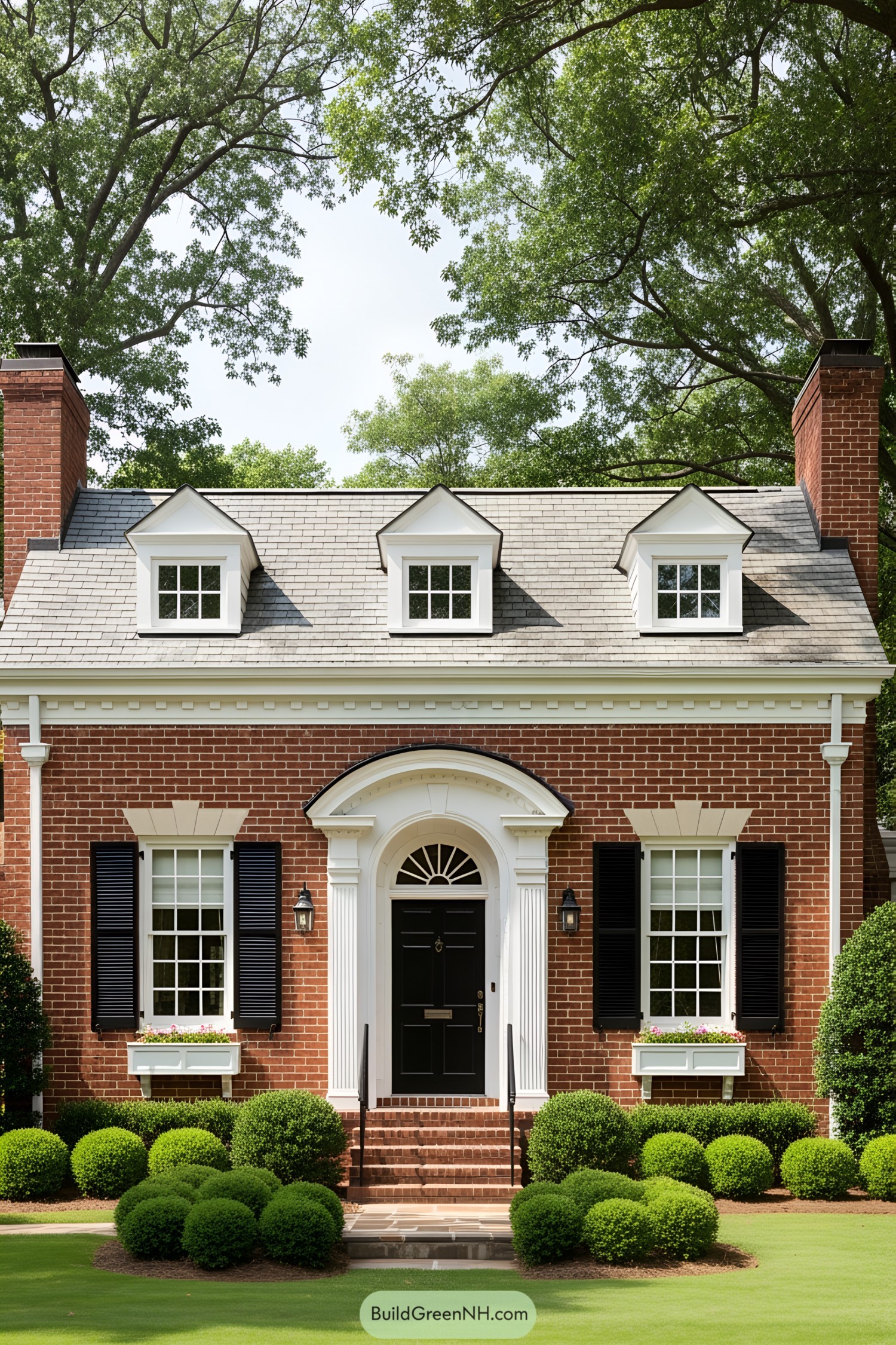 A small brick house with black shutters and white trim surrounded by trees
